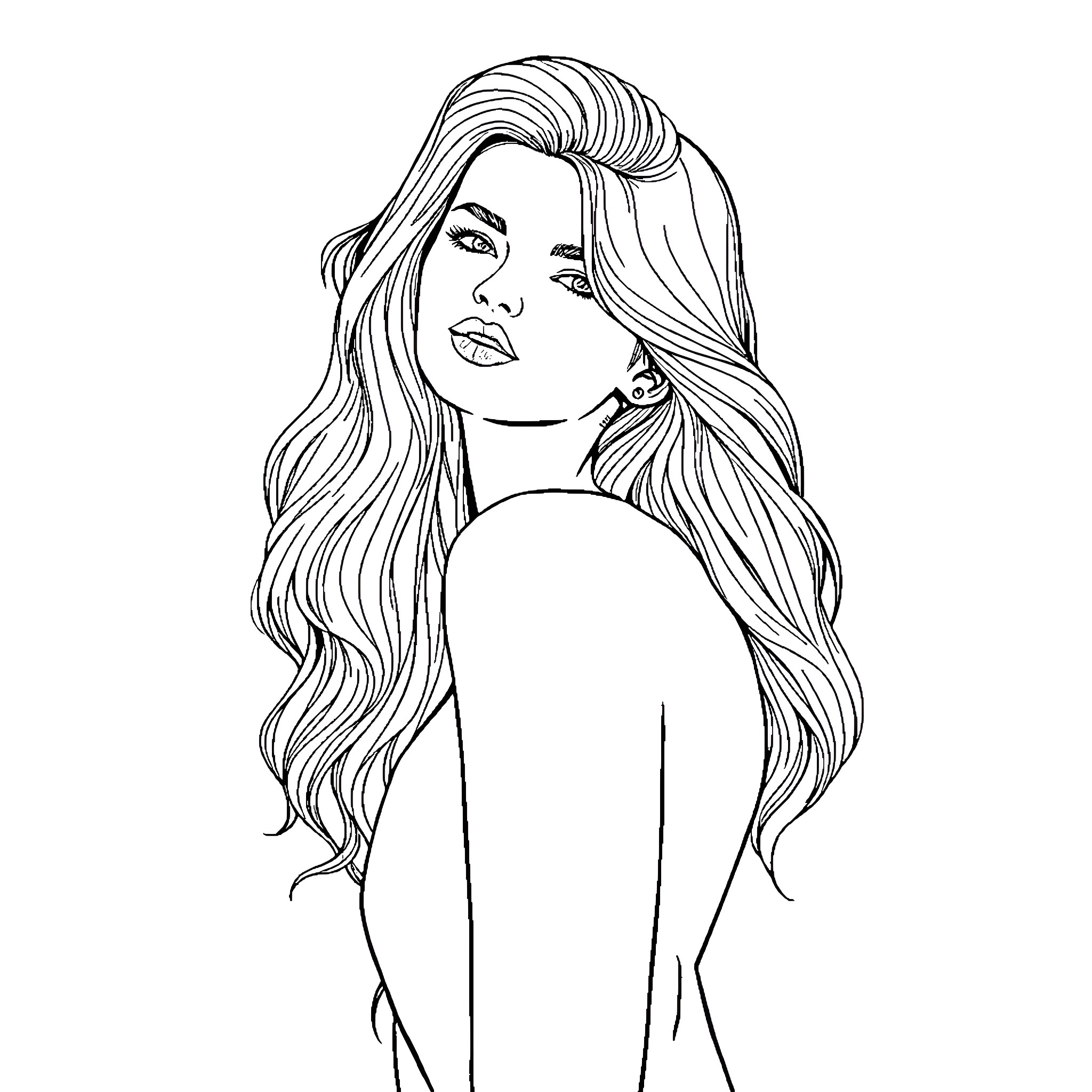 Woman with flowing wavy hair Coloring Page (free black-and-white line drawing printable PDF for all, from beginners to advanced learners, including children, teens, adults, and seniors)