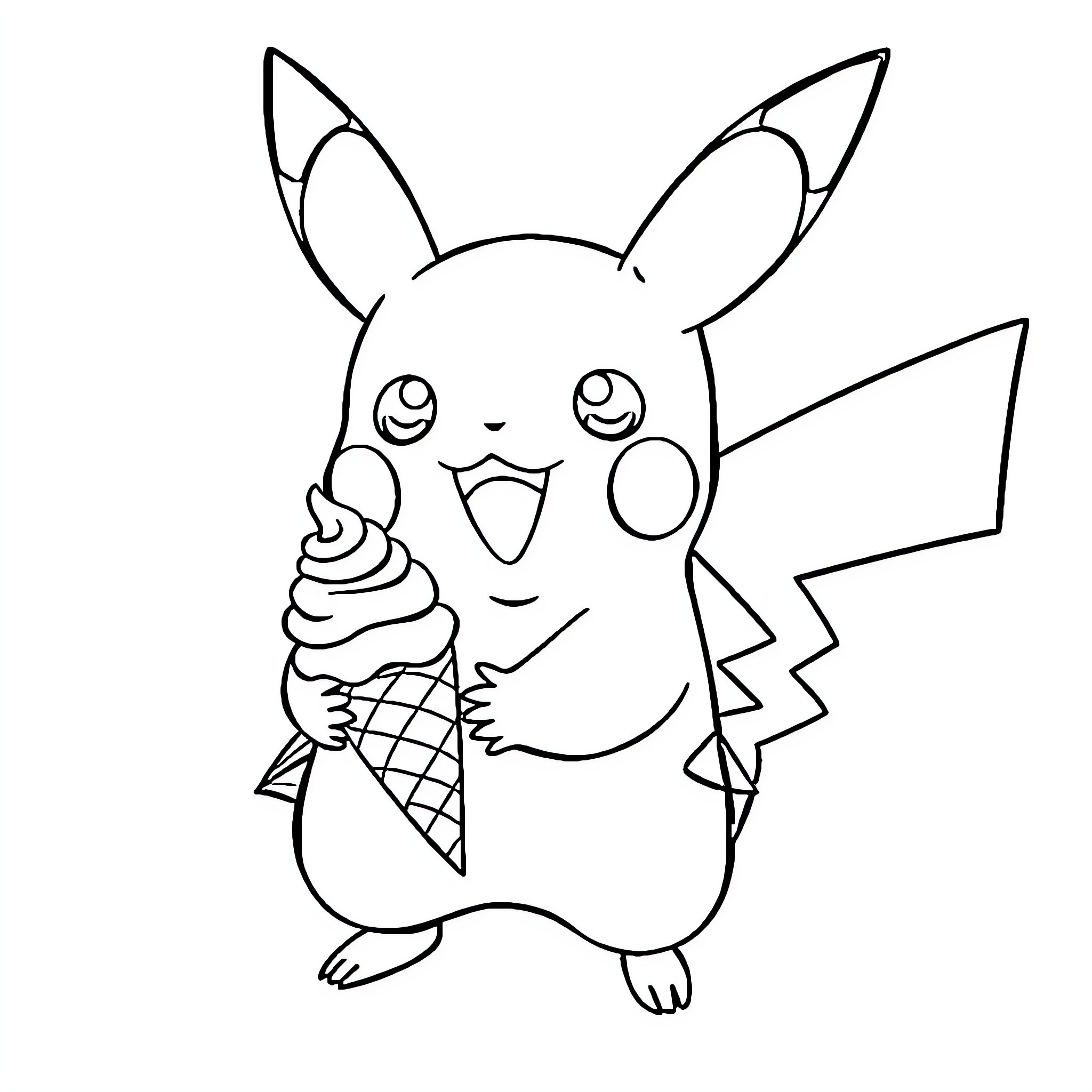 Pikachu enjoying an ice cream cone Coloring Page (free black-and-white line drawing printable PDF for all, from beginners to advanced learners, including children, teens, adults, and seniors)
