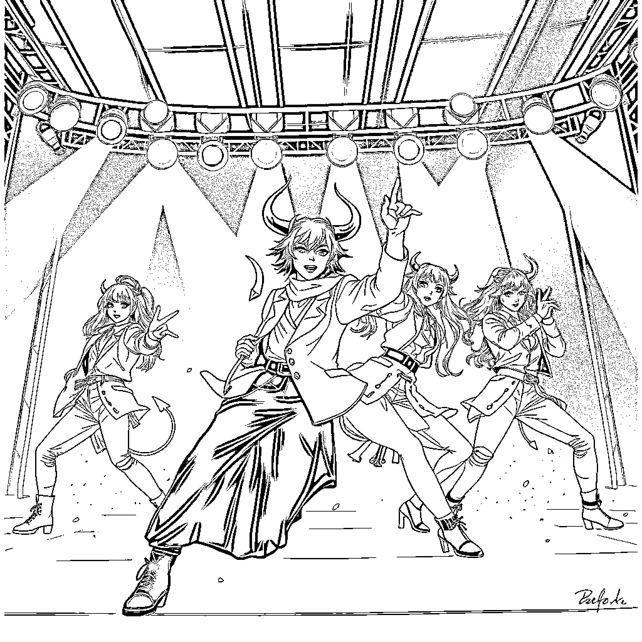 Kpop Demon Hunter Performers Showcase Energetic Stage Coloring Page (free black-and-white line drawing printable PDF for all, from beginners to advanced learners, including children, teens, adults, and seniors)