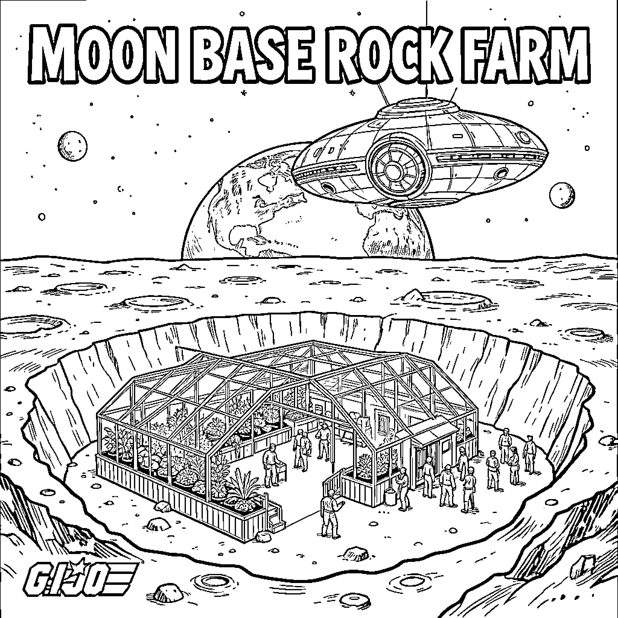 Moon Base personnel tending to a lunar rock farm Coloring Page (free black-and-white line drawing printable PDF for all, from beginners to advanced learners, including children, teens, adults, and seniors)