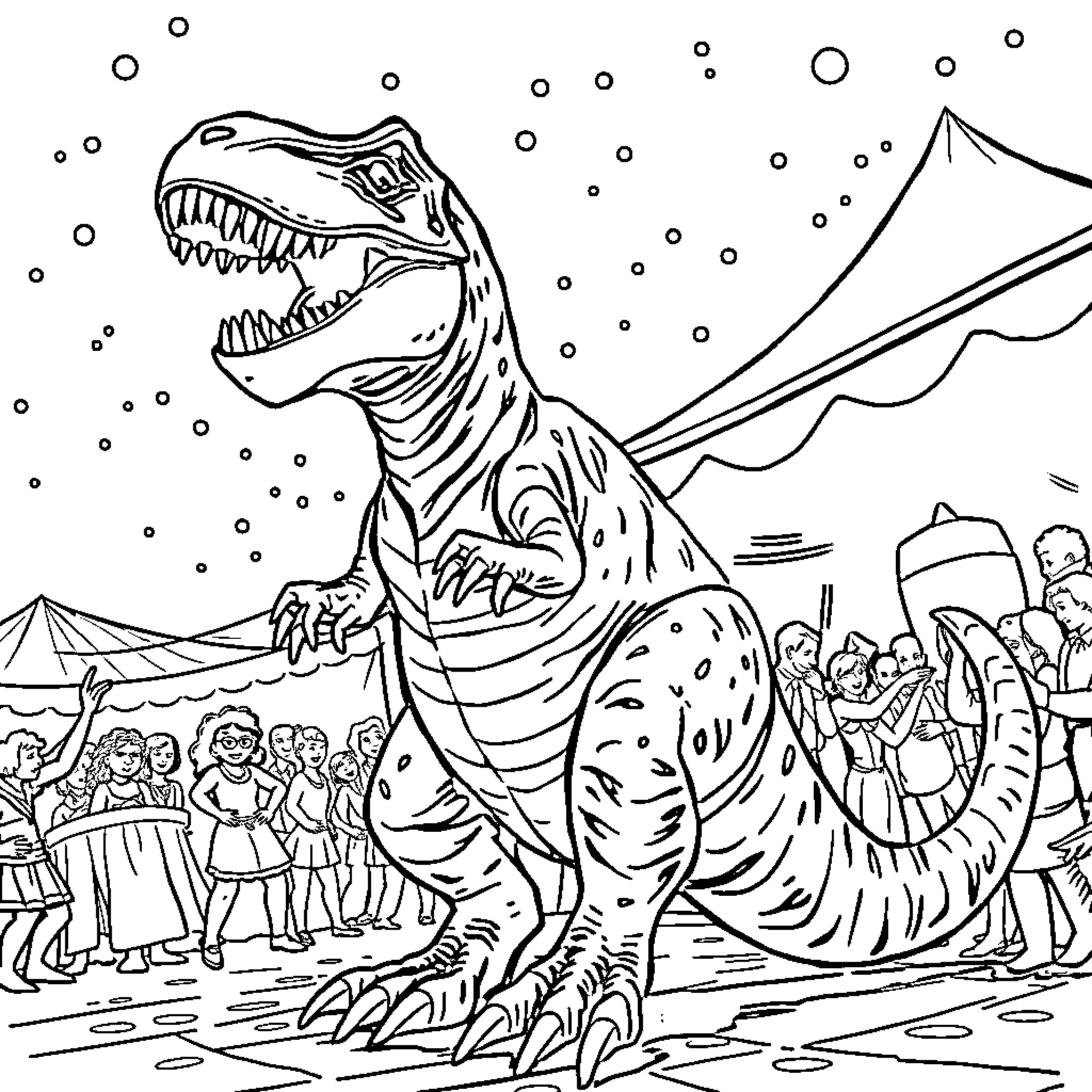 T-Rex Roaring Amid Carnival Crowd Coloring Page (free black-and-white line drawing printable PDF for all, from beginners to advanced learners, including children, teens, adults, and seniors)