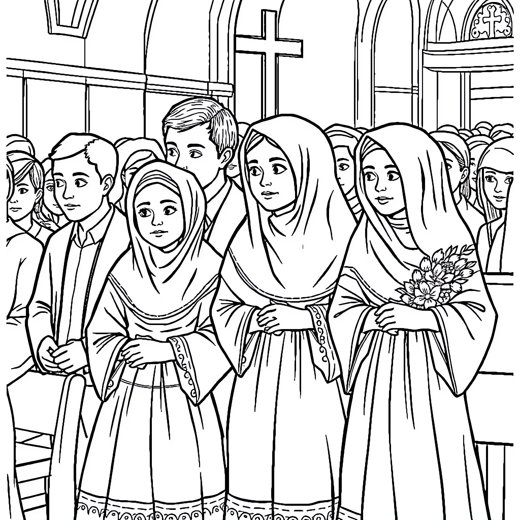 Family gathering in a religious setting Coloring Page (free black-and-white line drawing printable PDF for all, from beginners to advanced learners, including children, teens, adults, and seniors)