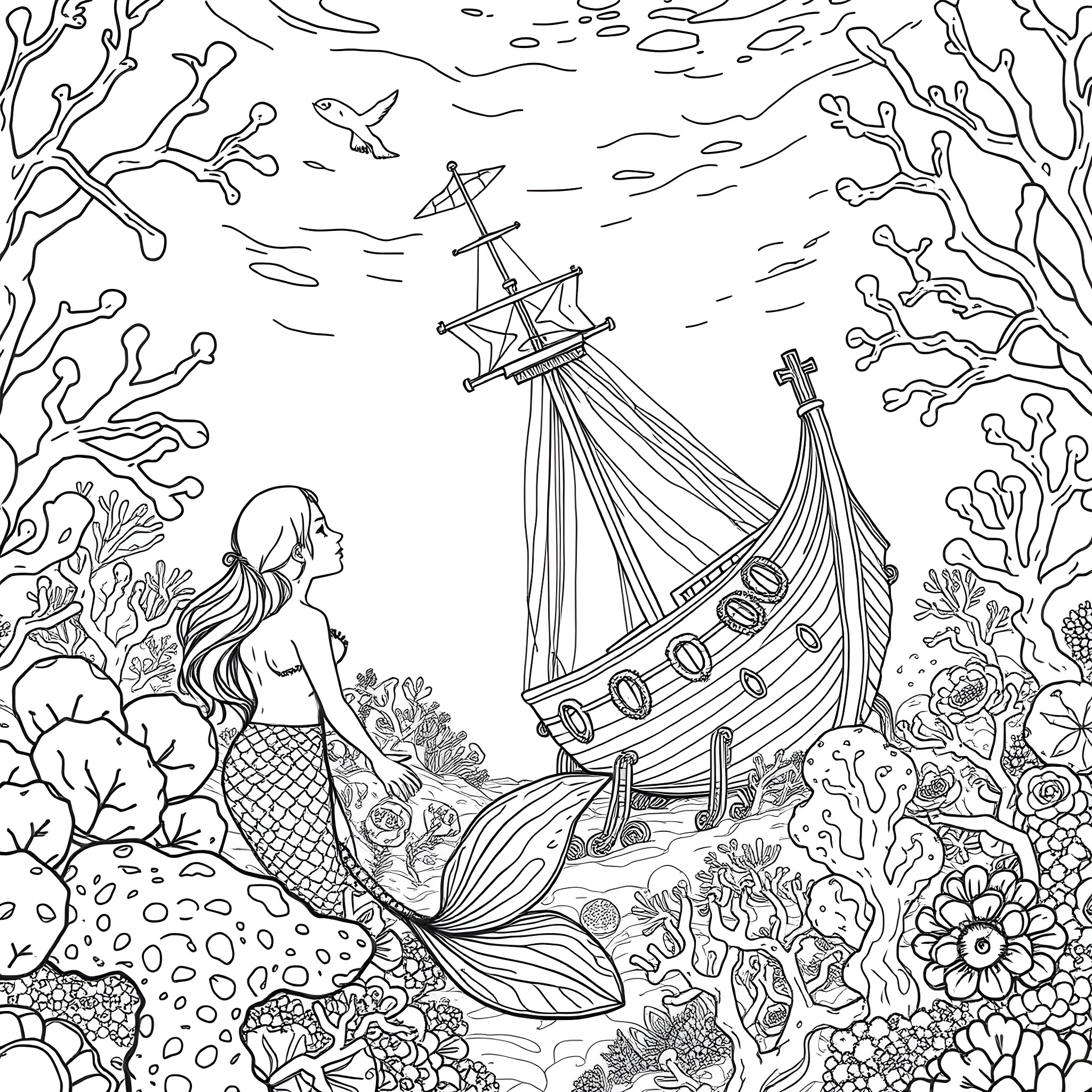 Mermaid with shipwreck in underwater fantasy scene Coloring Page (free black-and-white line drawing printable PDF for all, from beginners to advanced learners, including children, teens, adults, and seniors)