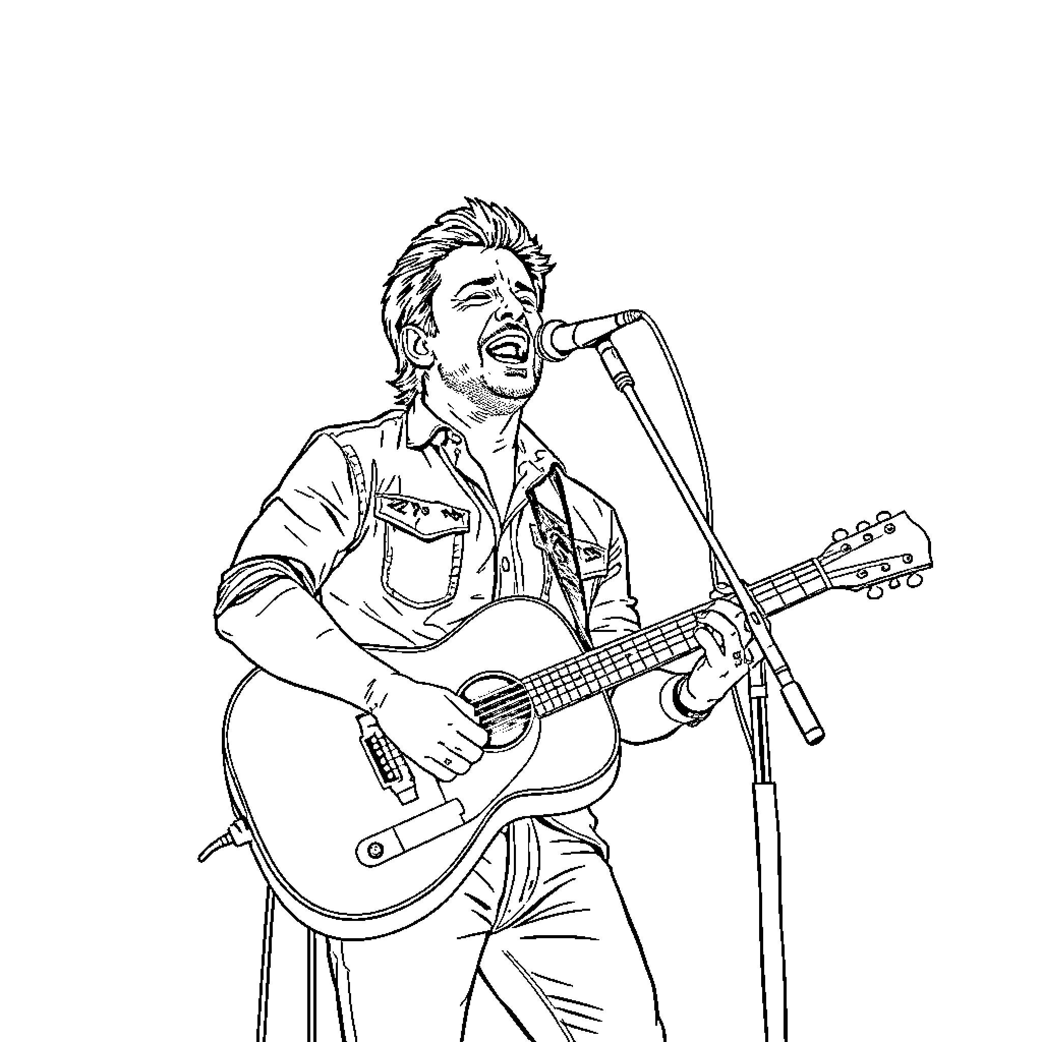 Morgan Wallen performing with guitar on stage Coloring Page (free black-and-white line drawing printable PDF for all, from beginners to advanced learners, including children, teens, adults, and seniors)