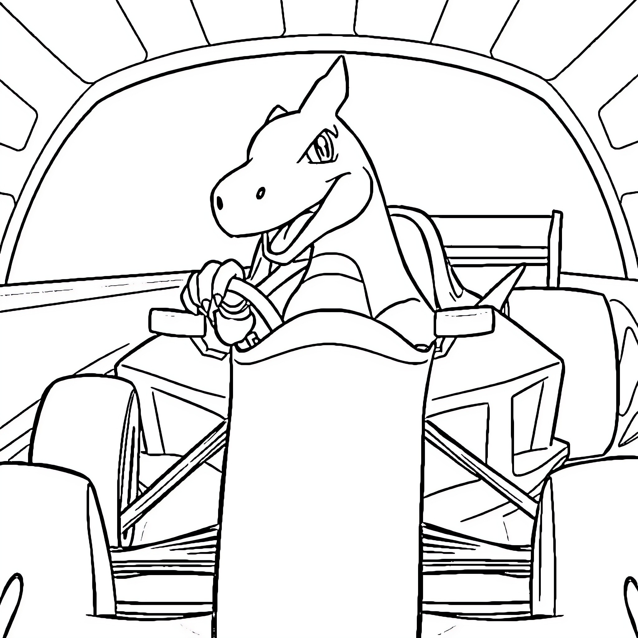 Charizard racing in a Formula-style vehicle Coloring Page (free black-and-white line drawing printable PDF for all, from beginners to advanced learners, including children, teens, adults, and seniors)