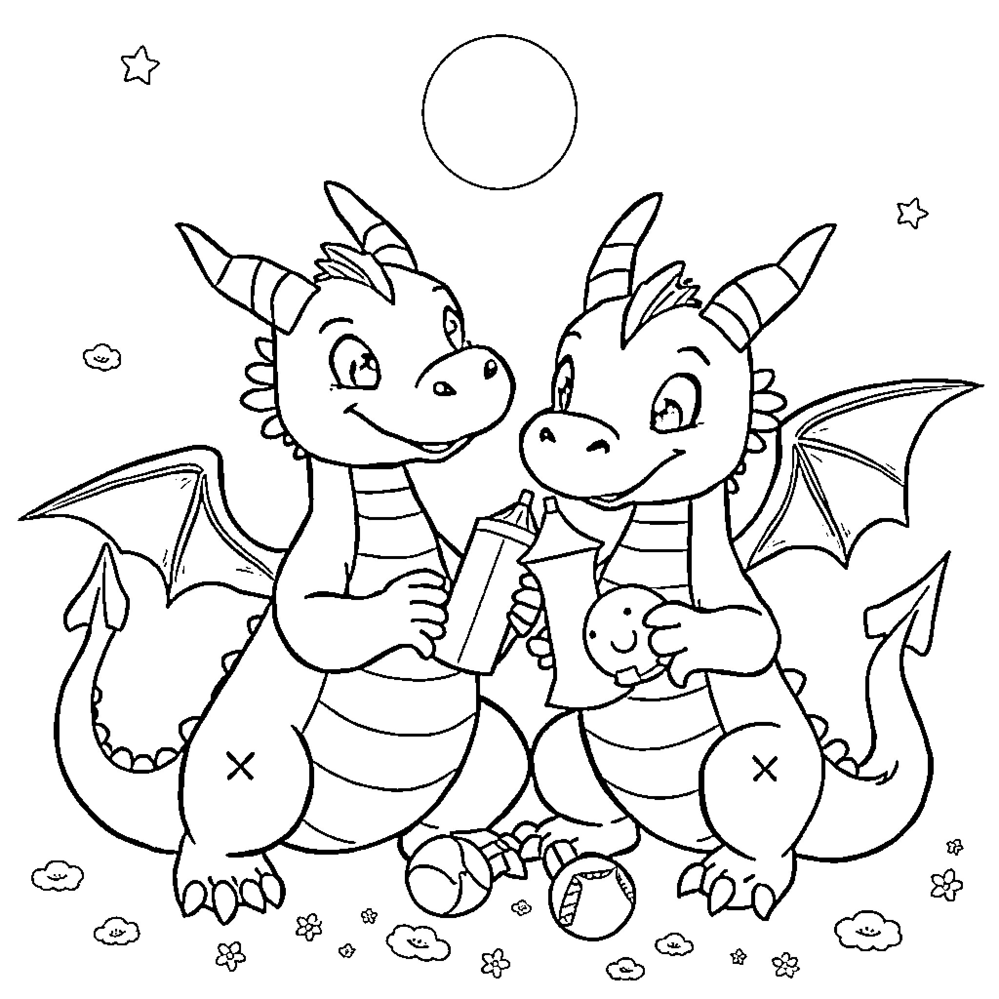 Dragon friends playing and exploring in a starry sky Coloring Page (free black-and-white line drawing printable PDF for all, from beginners to advanced learners, including children, teens, adults, and seniors)