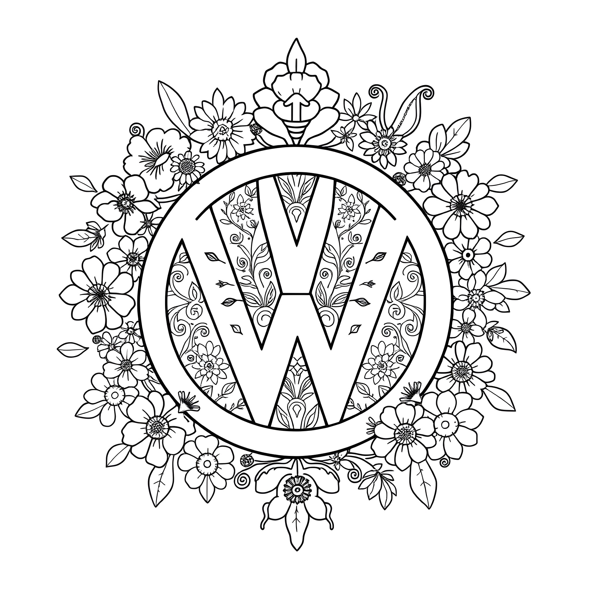 Volkswagen logo surrounded by floral patterns Coloring Page (free black-and-white line drawing printable PDF for all, from beginners to advanced learners, including children, teens, adults, and seniors)