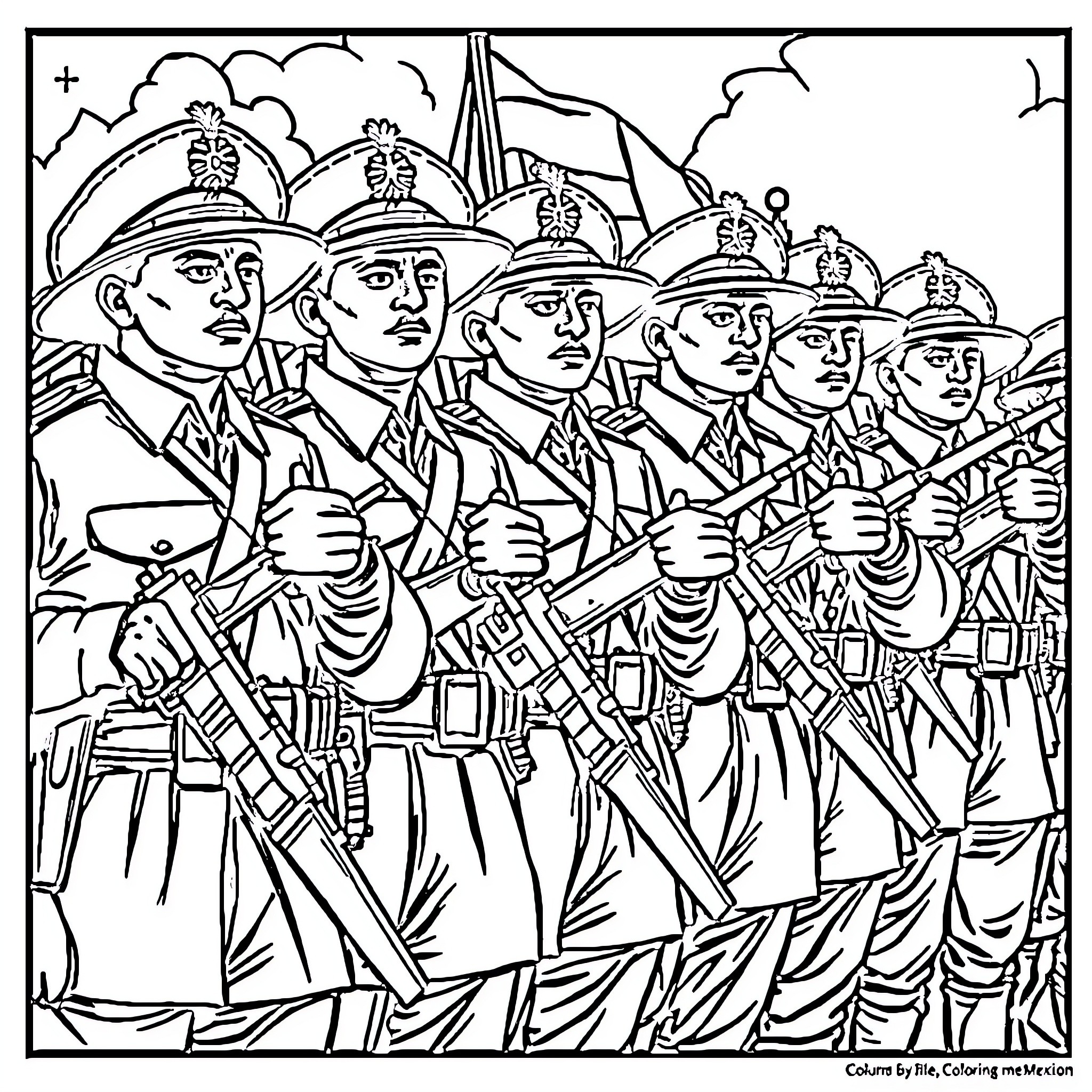Soldier troops marching in formation with weapons Coloring Page (free black-and-white line drawing printable PDF for all, from beginners to advanced learners, including children, teens, adults, and seniors)