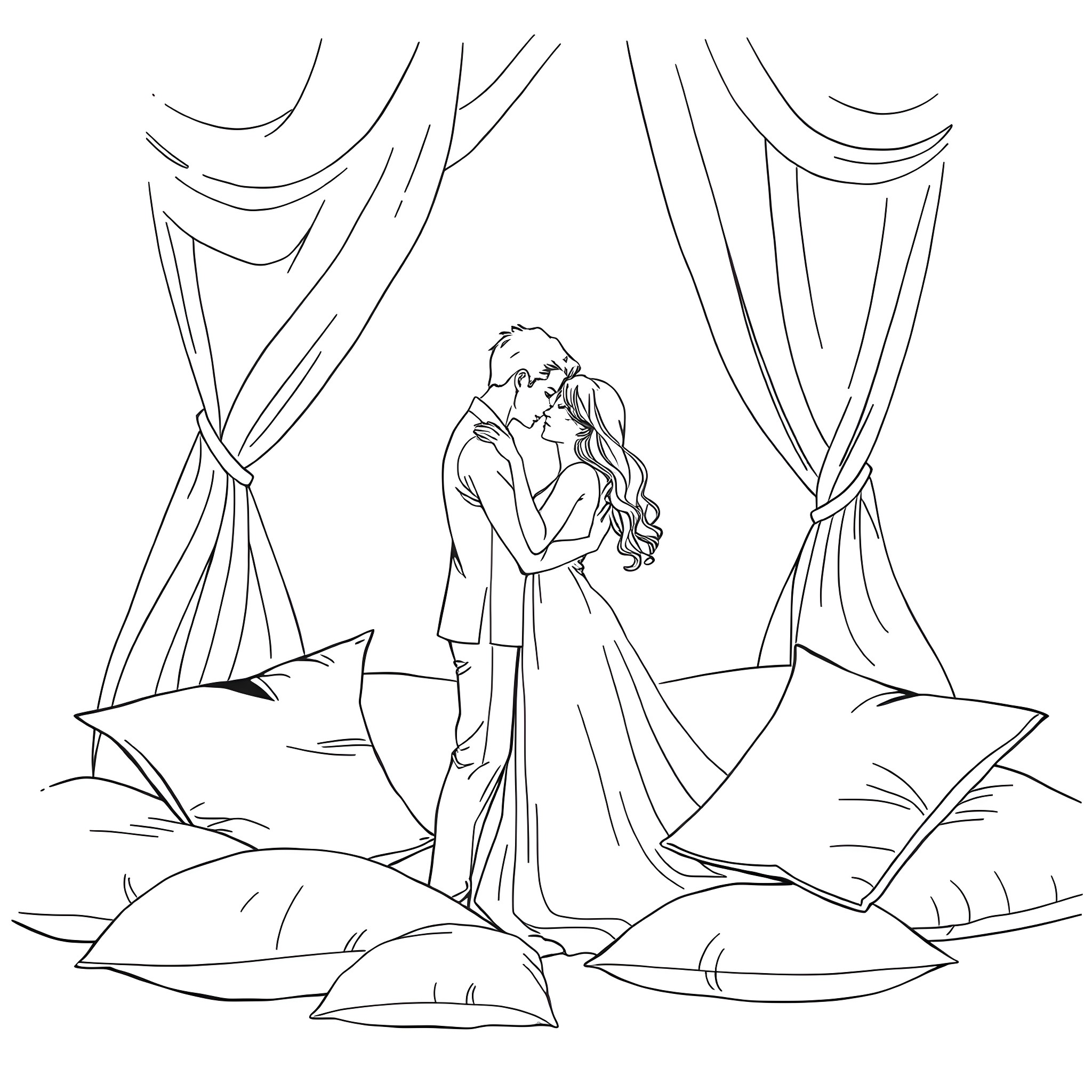 Couple embracing in romantic setting Coloring Page (free black-and-white line drawing printable PDF for all, from beginners to advanced learners, including children, teens, adults, and seniors)