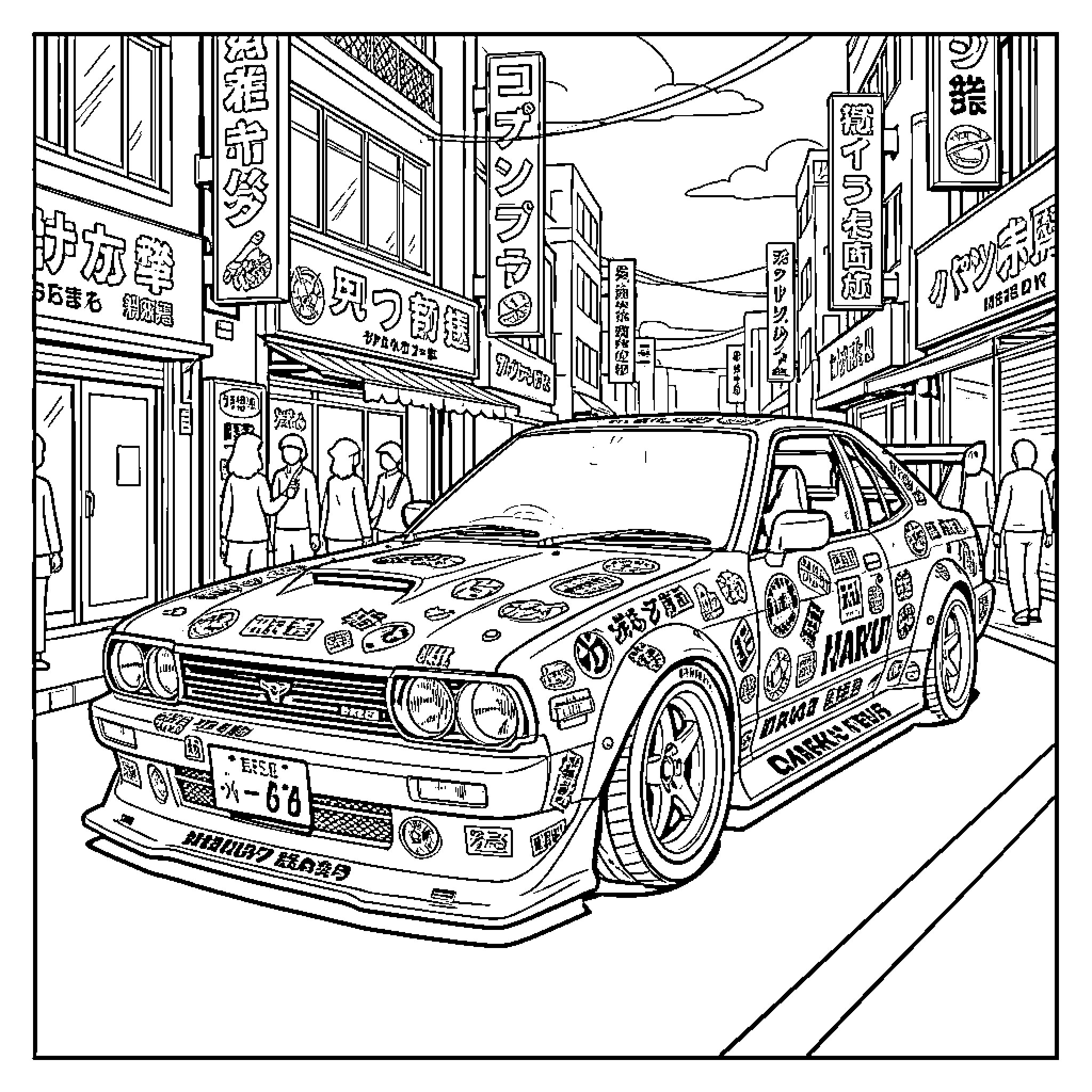 Toyota Mark 2 Customized Racing Car in Busy Japanese City Coloring Page (free black-and-white line drawing printable PDF for all, from beginners to advanced learners, including children, teens, adults, and seniors)