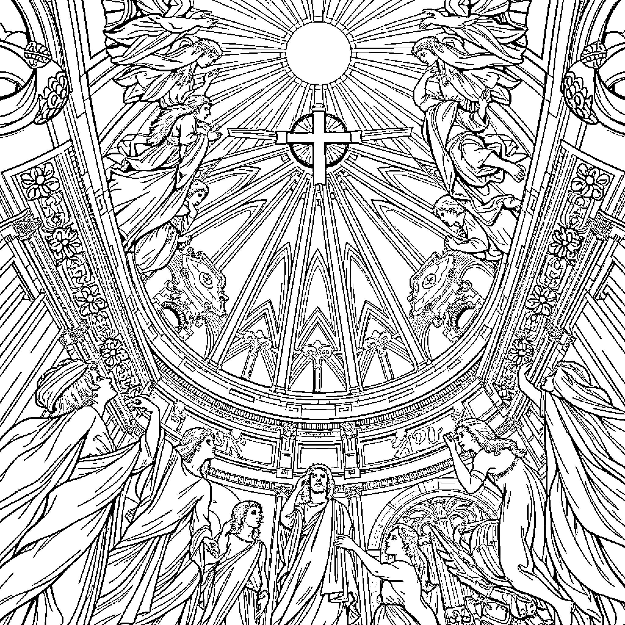 Michelangelo's Masterful Depiction of Religious Iconography Coloring Page (free black-and-white line drawing printable PDF for all, from beginners to advanced learners, including children, teens, adults, and seniors)