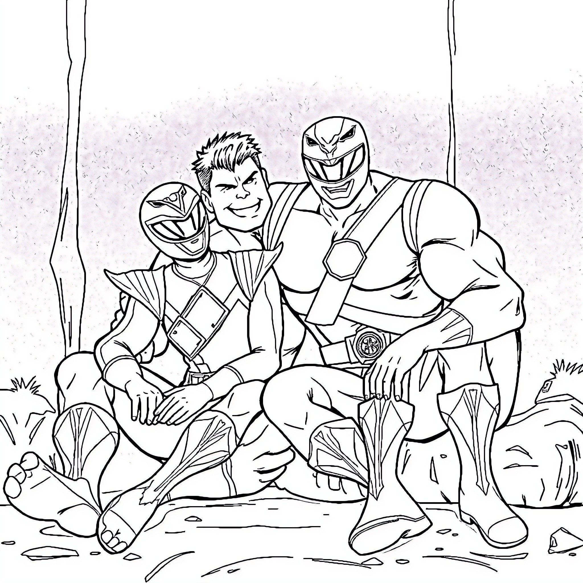 Hulk Superheroes Battling in Outdoor Scene Coloring Page (free black-and-white line drawing printable PDF for all, from beginners to advanced learners, including children, teens, adults, and seniors)