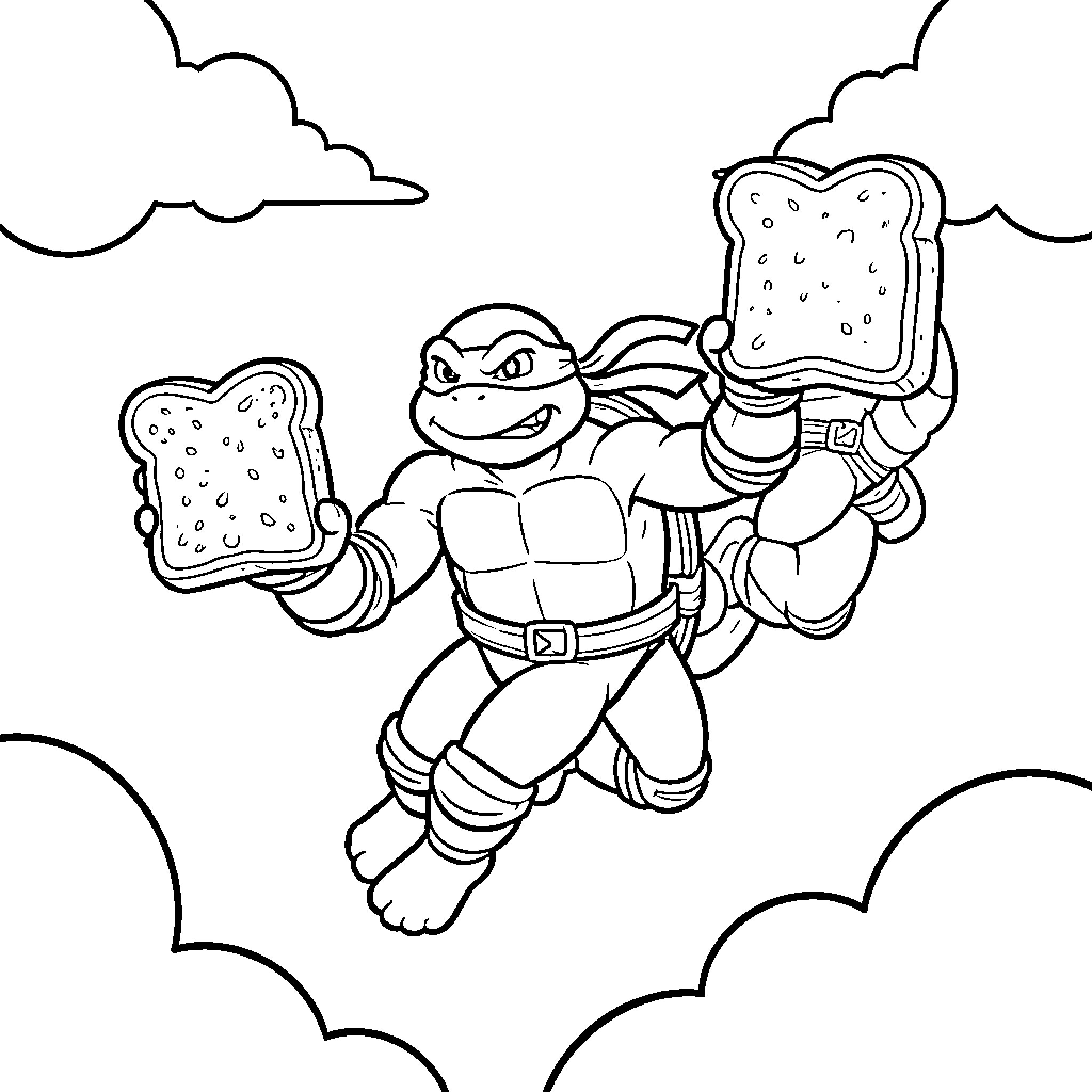 Ninja Turtle heroically saving the day with sandwiches Coloring Page (free black-and-white line drawing printable PDF for all, from beginners to advanced learners, including children, teens, adults, and seniors)