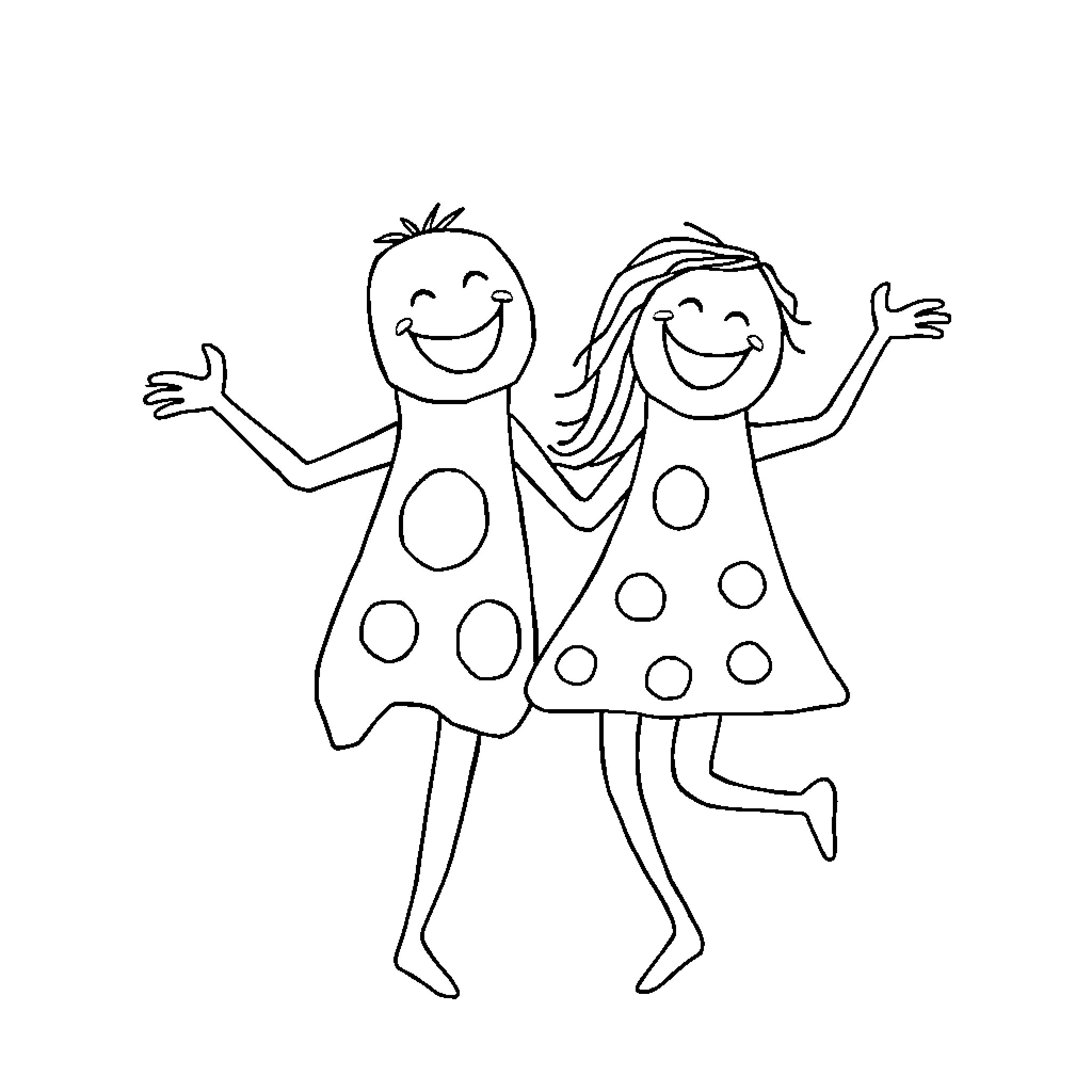 Shape of joyful children in polka dot dresses Coloring Page (free black-and-white line drawing printable PDF for all, from beginners to advanced learners, including children, teens, adults, and seniors)
