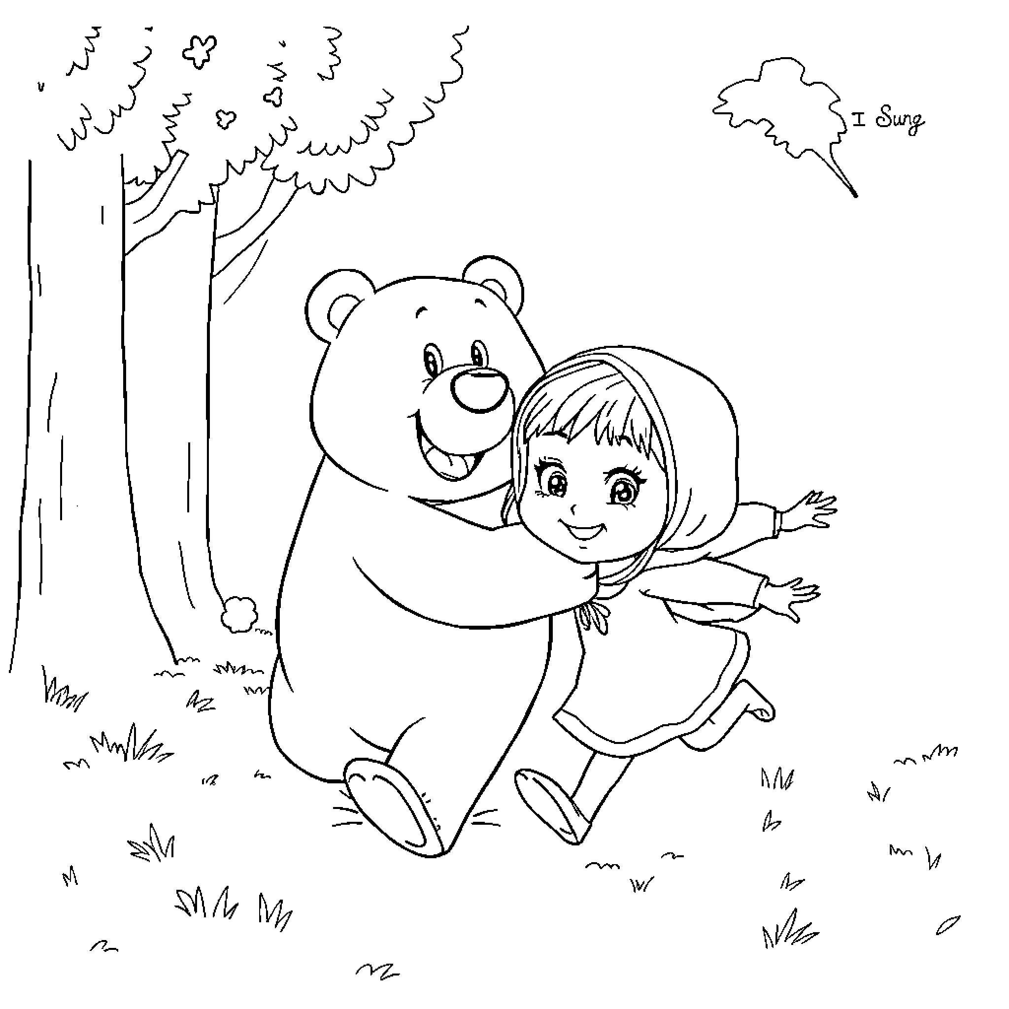 Masha hugging a friendly bear in the forest Coloring Page (free black-and-white line drawing printable PDF for all, from beginners to advanced learners, including children, teens, adults, and seniors)