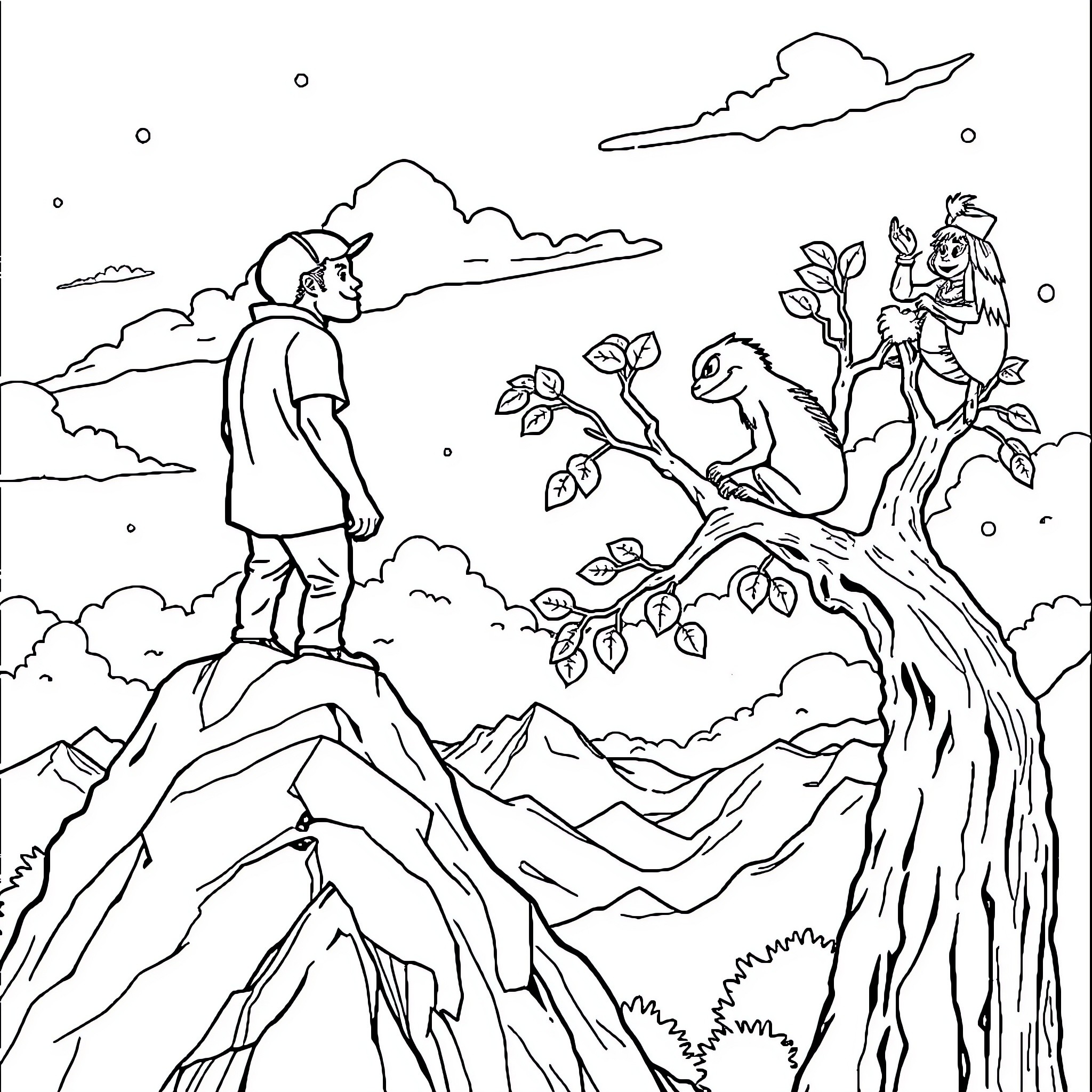 Enderman exploring the serene mountain landscape Coloring Page (free black-and-white line drawing printable PDF for all, from beginners to advanced learners, including children, teens, adults, and seniors)