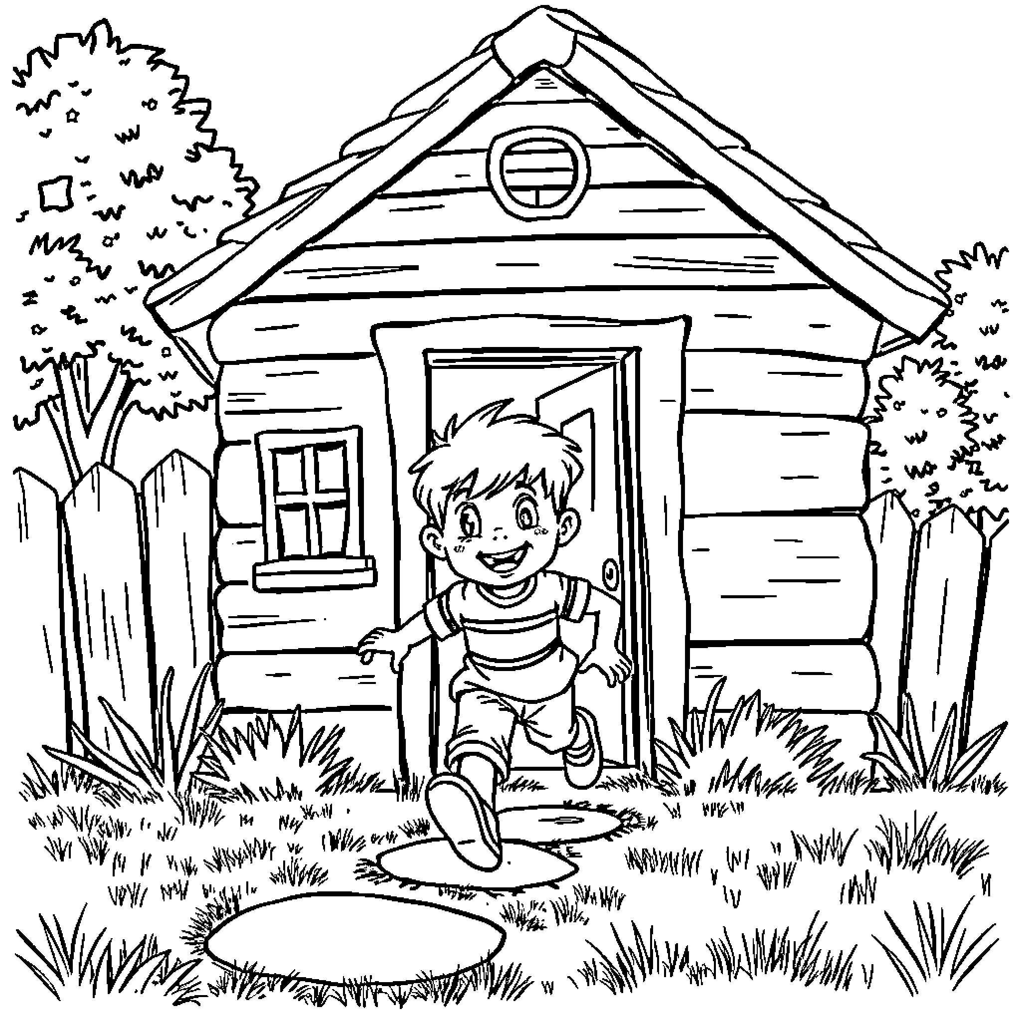 Boy playing outside his wooden cabin Coloring Page (free black-and-white line drawing printable PDF for all, from beginners to advanced learners, including children, teens, adults, and seniors)