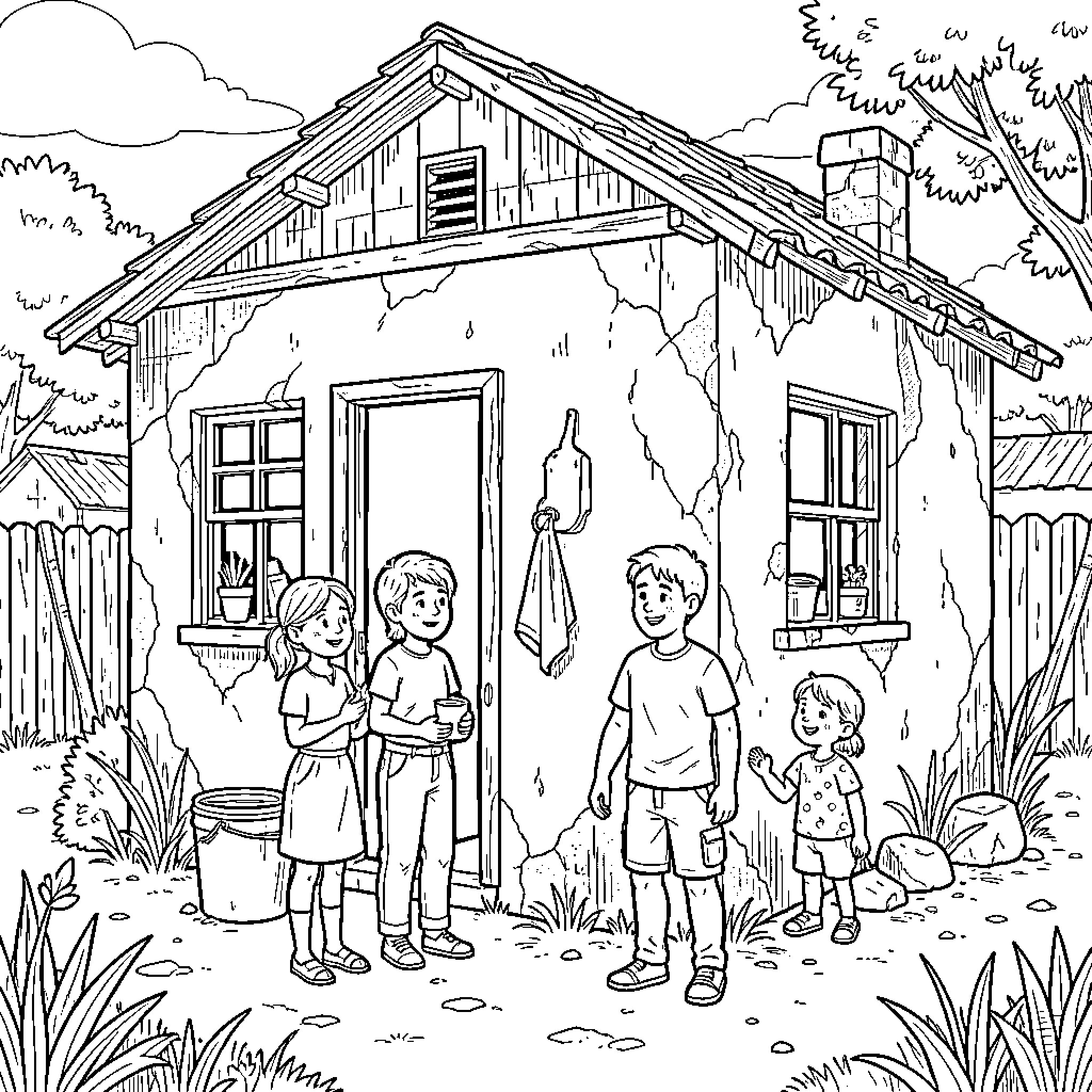 Family enjoying outdoor activities near a rustic cabin Coloring Page (free black-and-white line drawing printable PDF for all, from beginners to advanced learners, including children, teens, adults, and seniors)