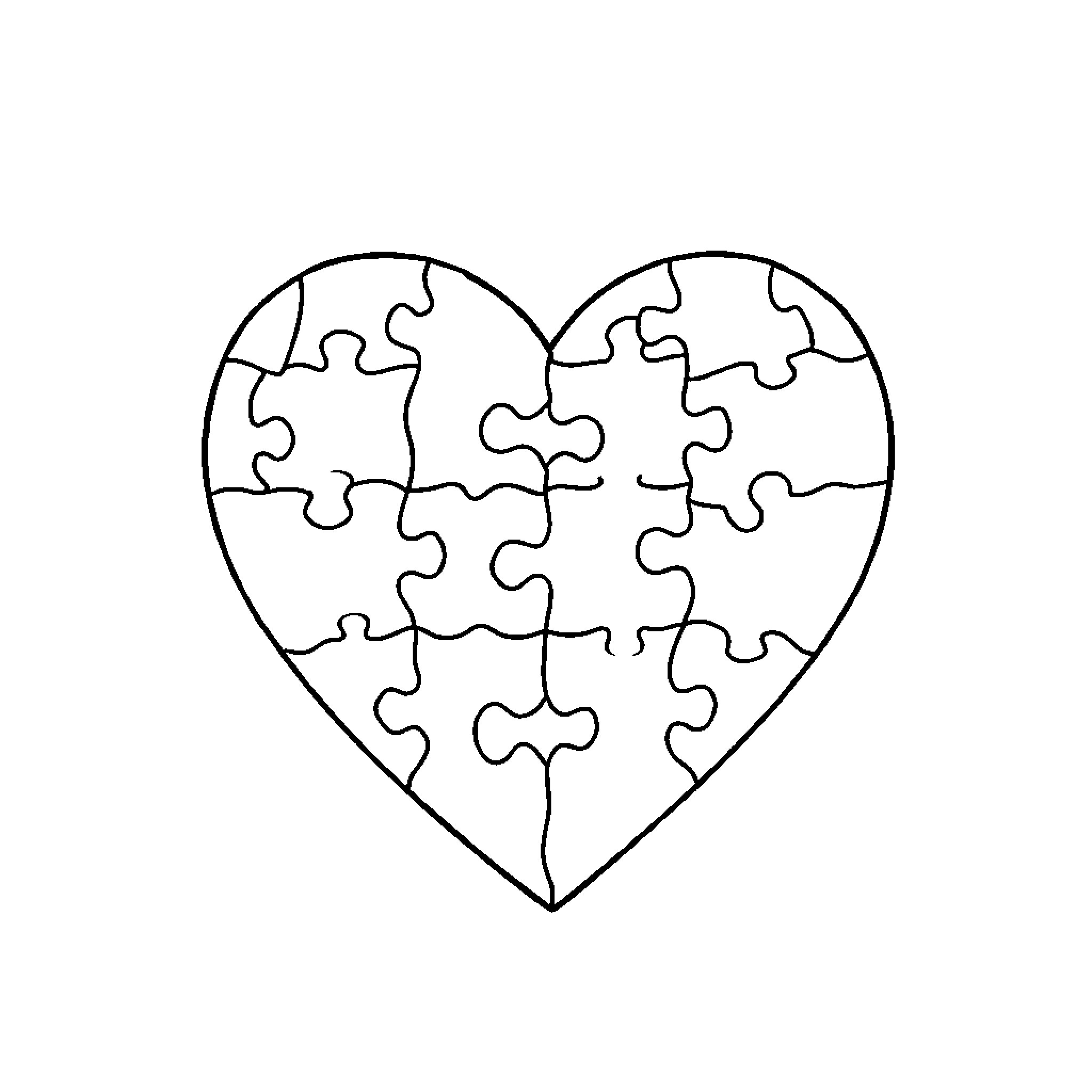 Heart Puzzle Pieces Arranged Together Coloring Page (free black-and-white line drawing printable PDF for all, from beginners to advanced learners, including children, teens, adults, and seniors)