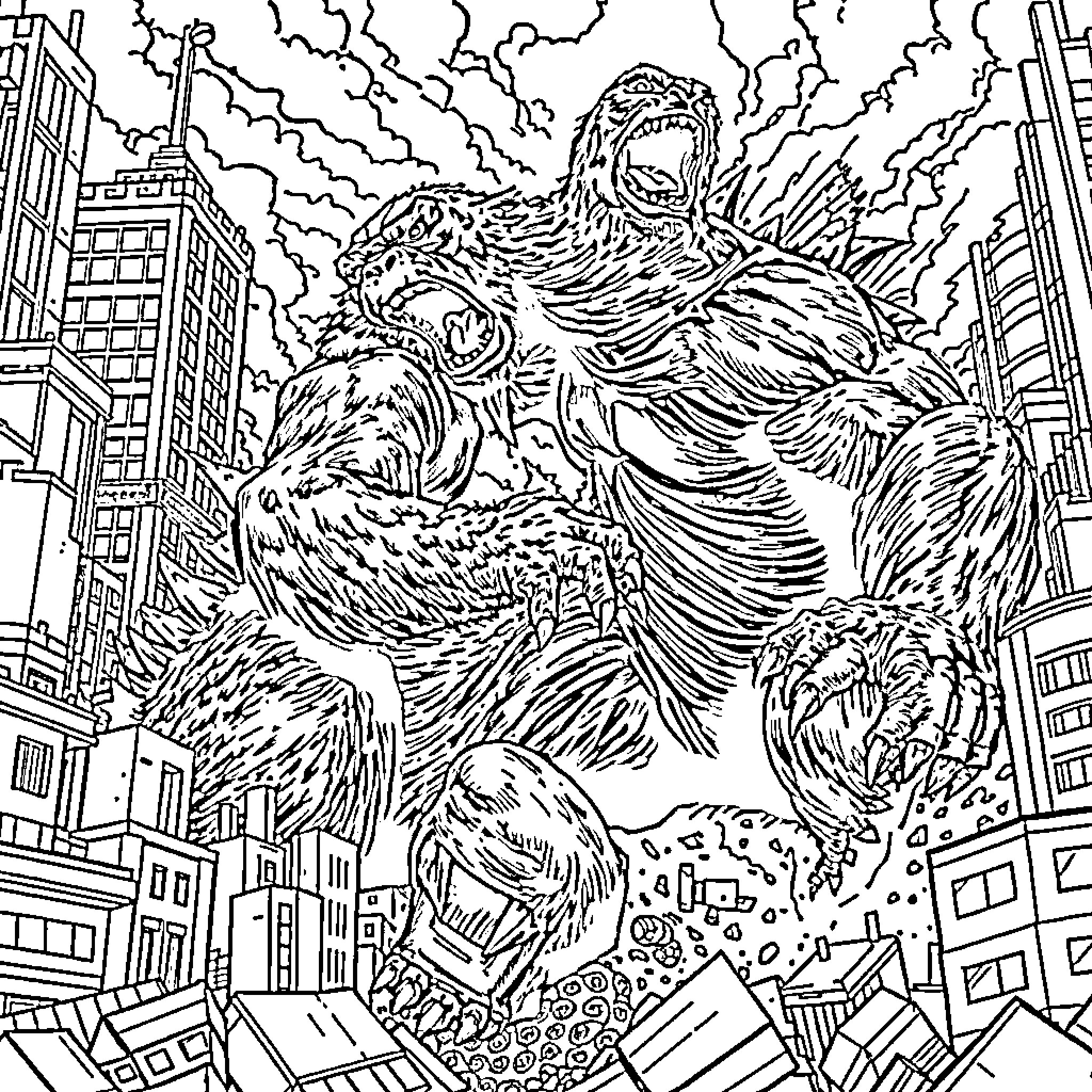 King Kong Rampaging Through a Bustling City Coloring Page (free black-and-white line drawing printable PDF for all, from beginners to advanced learners, including children, teens, adults, and seniors)
