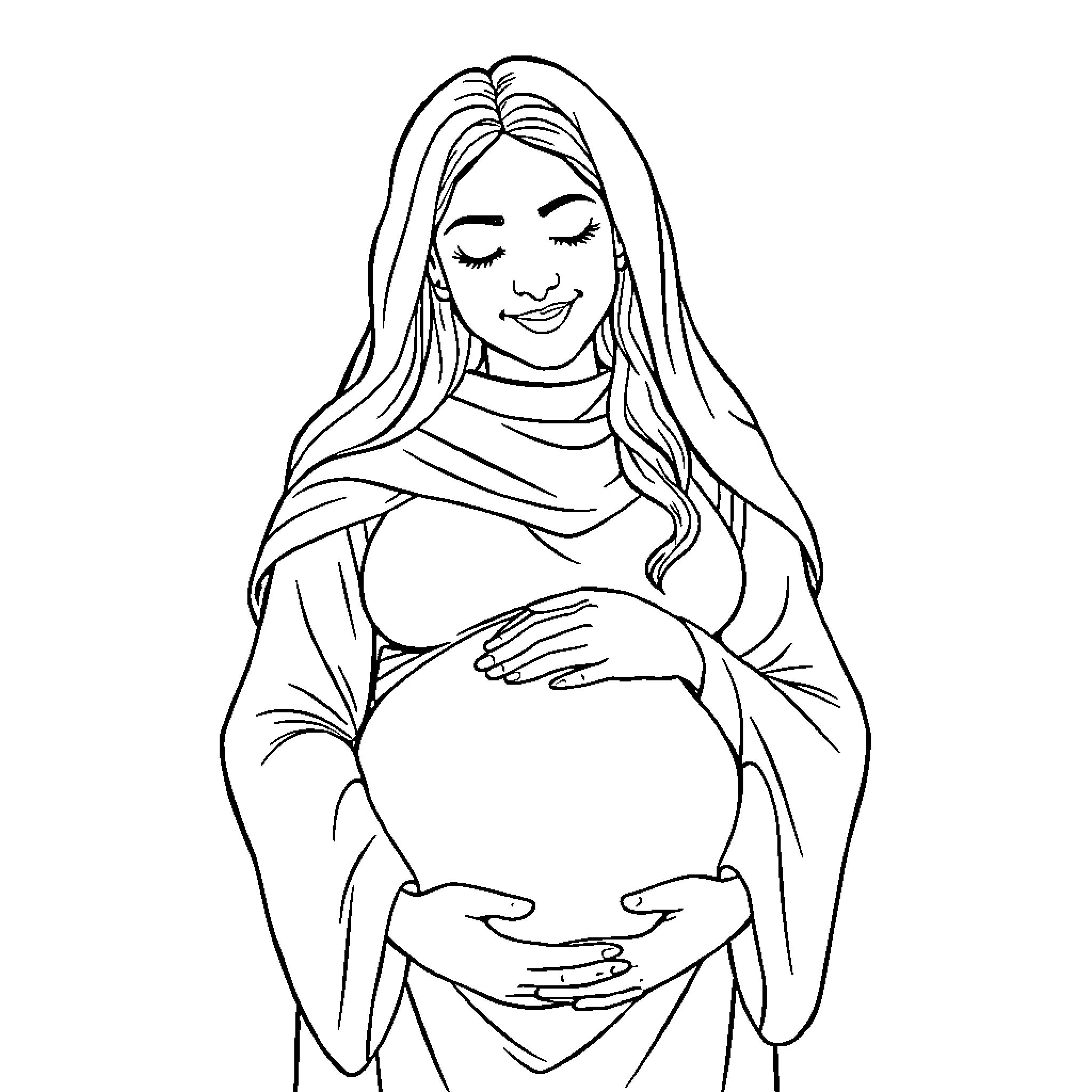 Rumi's Serene Maternal Embrace Coloring Page (free black-and-white line drawing printable PDF for all, from beginners to advanced learners, including children, teens, adults, and seniors)