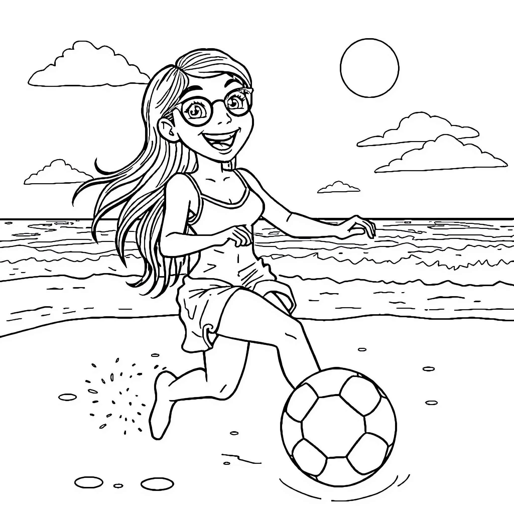 Football by the Beach with Smiling Girl Coloring Page (free black-and-white line drawing printable PDF for all, from beginners to advanced learners, including children, teens, adults, and seniors)