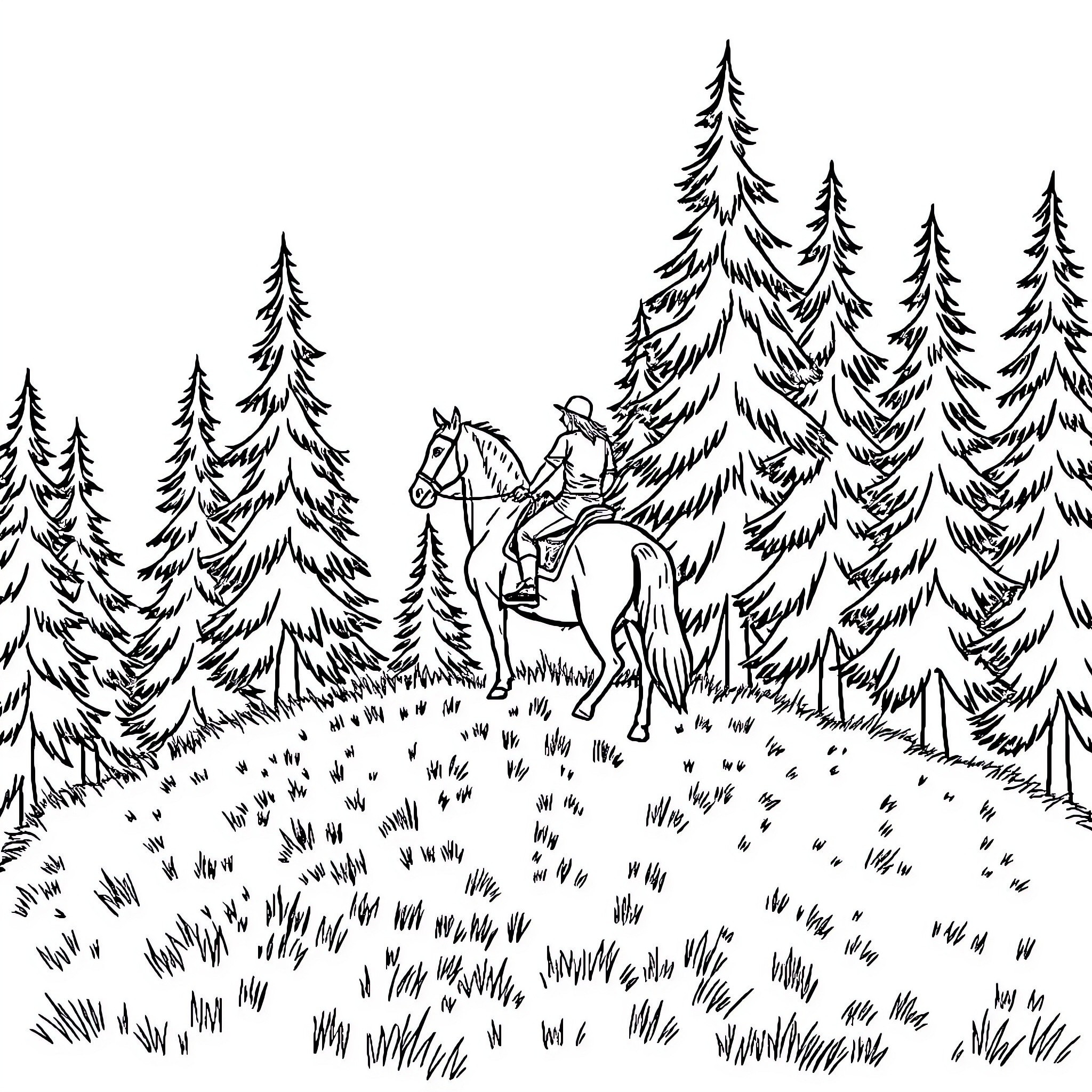 Horse rider exploring the forest trail Coloring Page (free black-and-white line drawing printable PDF for all, from beginners to advanced learners, including children, teens, adults, and seniors)