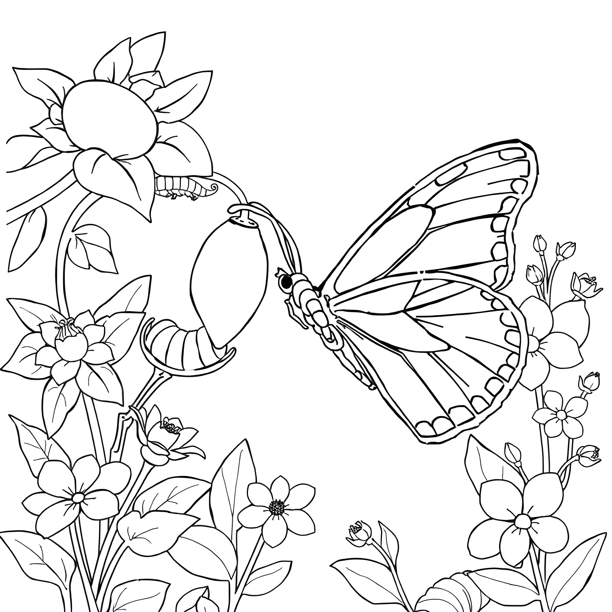 Butterfly resting on flowers in a garden Coloring Page (free black-and-white line drawing printable PDF for all, from beginners to advanced learners, including children, teens, adults, and seniors)