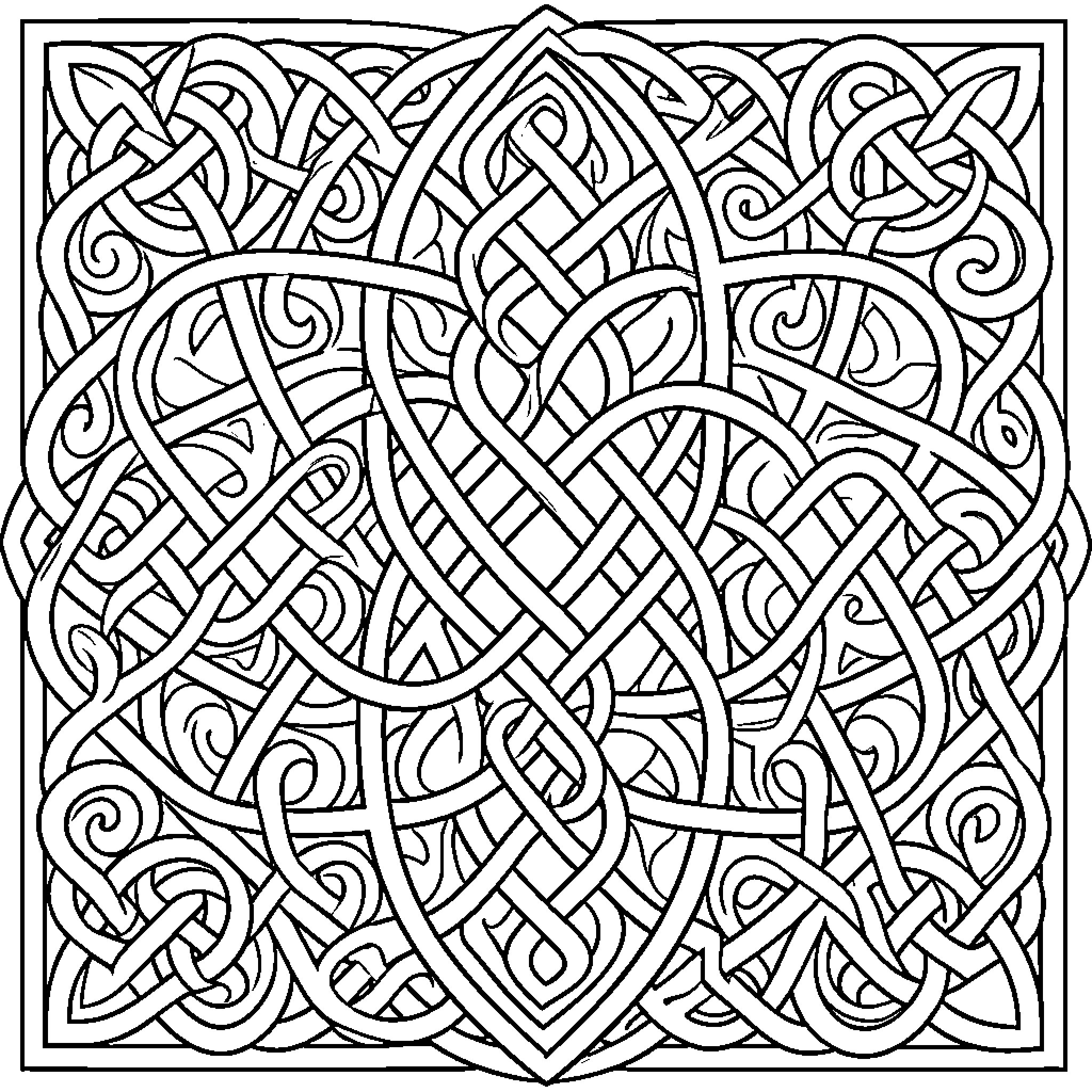 Celtic Intricate Knot Pattern Artwork Coloring Page (free black-and-white line drawing printable PDF for all, from beginners to advanced learners, including children, teens, adults, and seniors)