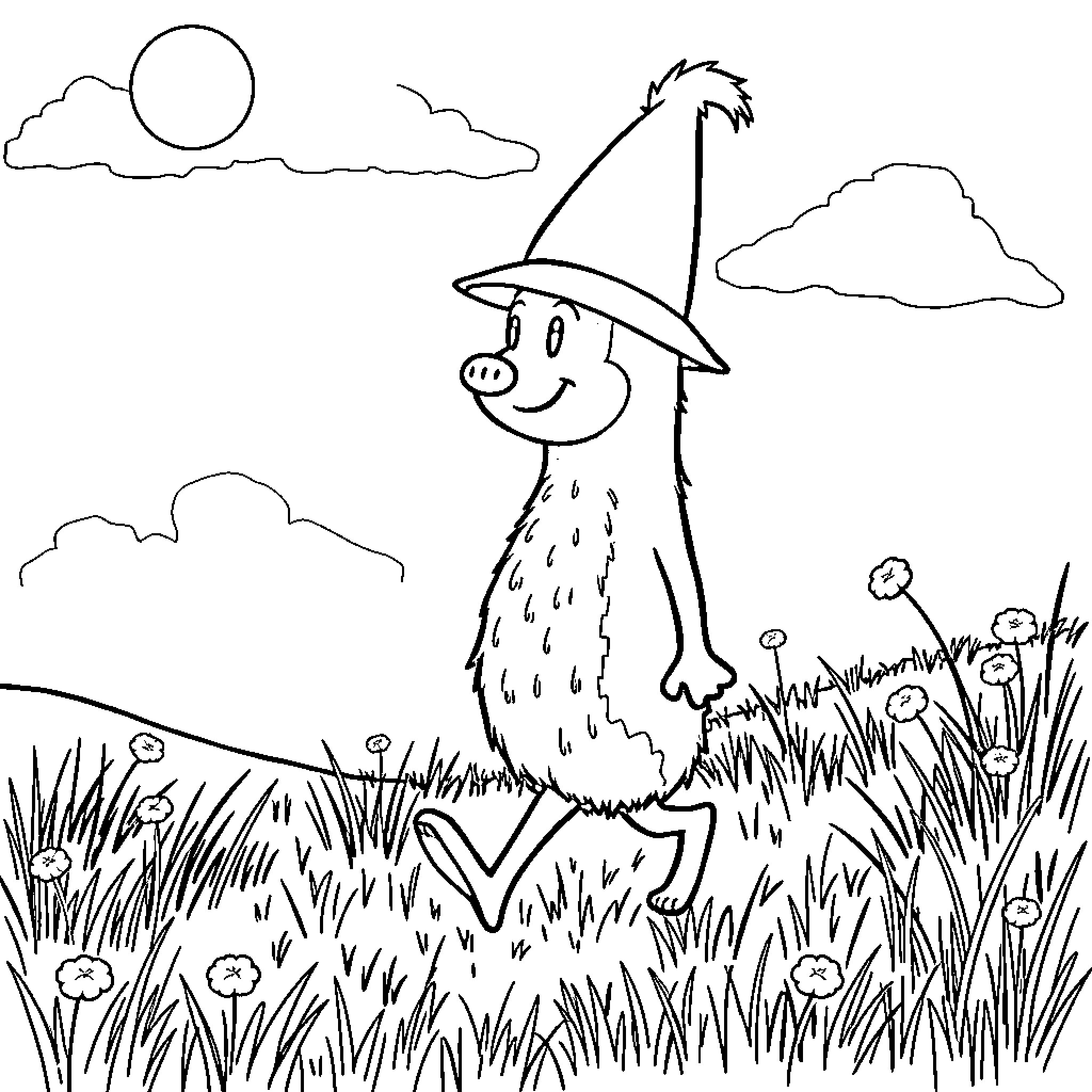 Snufkin wandering through a grassy meadow Coloring Page (free black-and-white line drawing printable PDF for all, from beginners to advanced learners, including children, teens, adults, and seniors)
