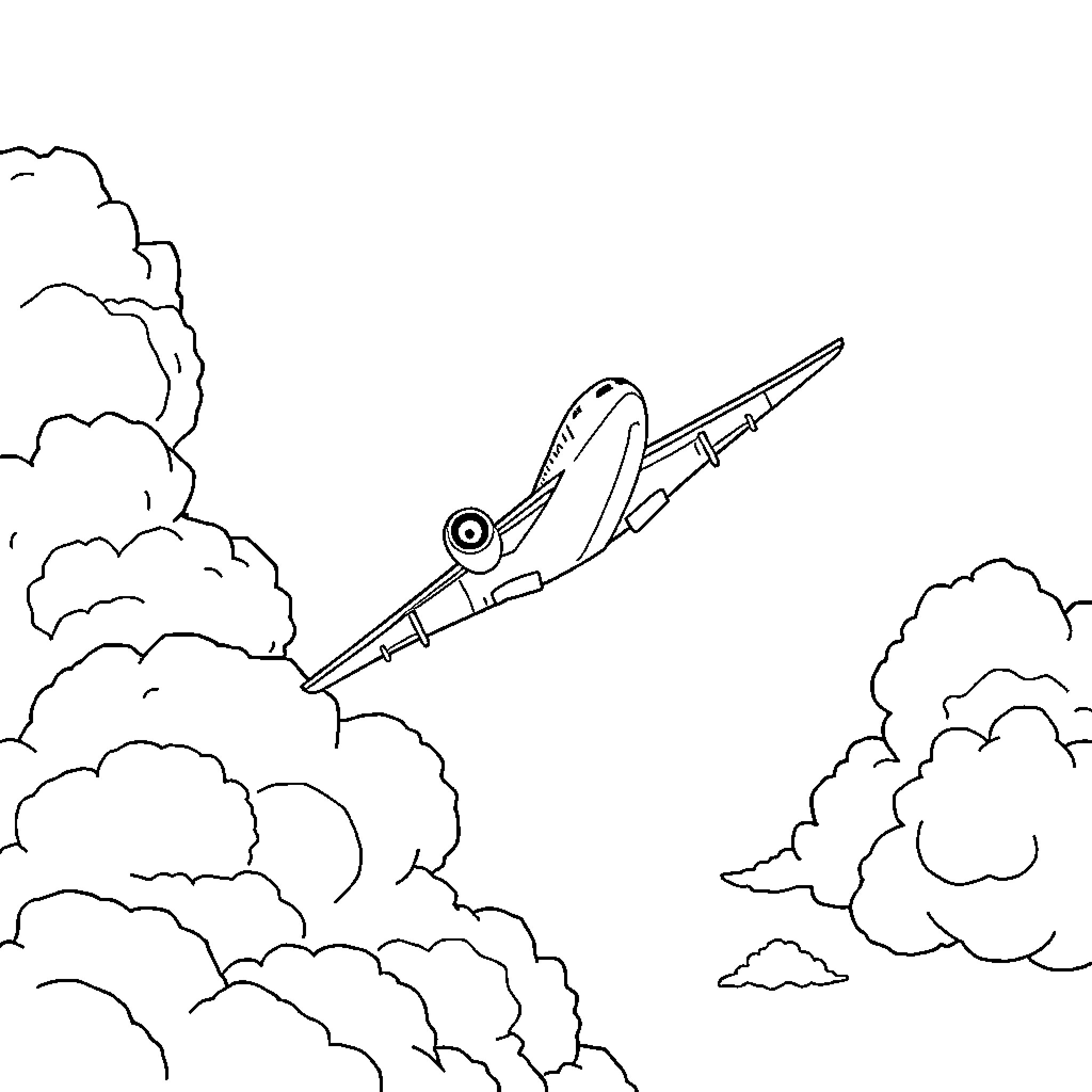 Plane taking off through clouds Coloring Page (free black-and-white line drawing printable PDF for all, from beginners to advanced learners, including children, teens, adults, and seniors)