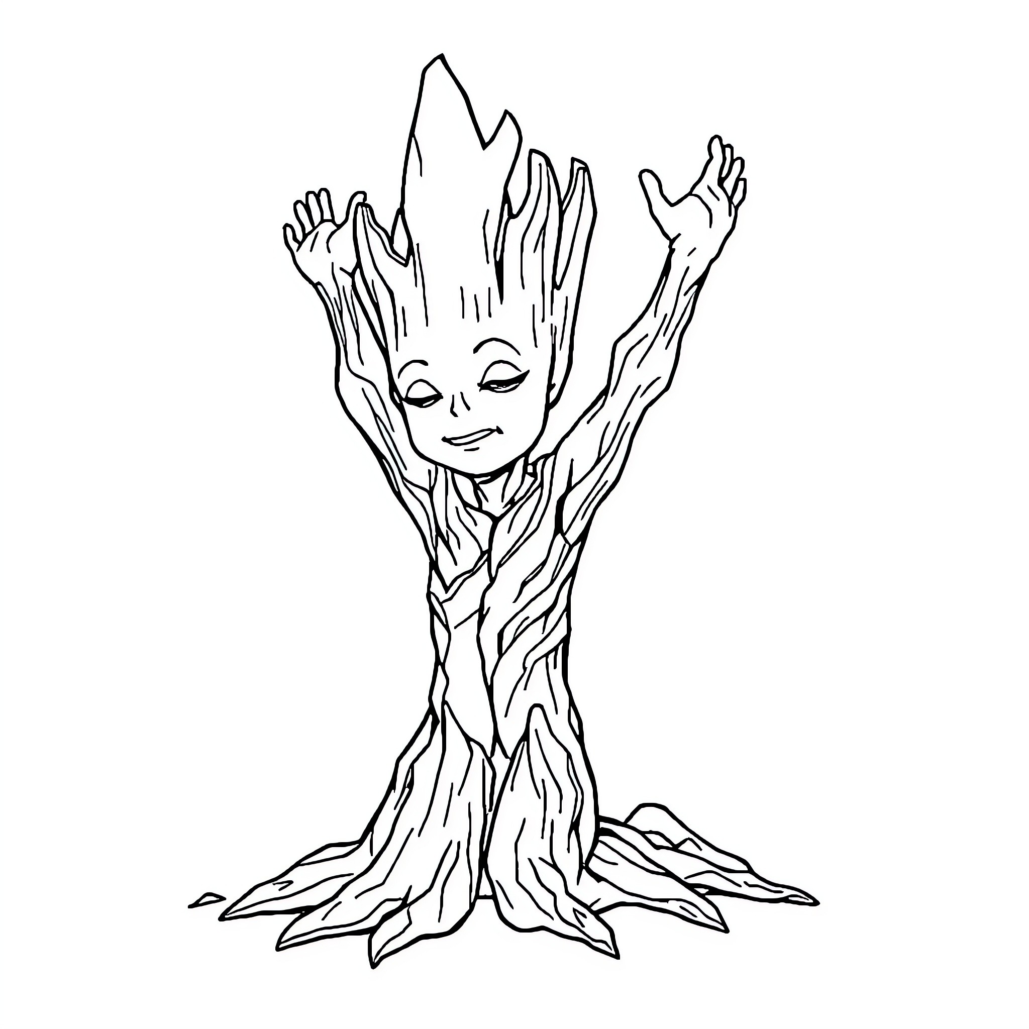 Groot celebrating joyfully Coloring Page (free black-and-white line drawing printable PDF for all, from beginners to advanced learners, including children, teens, adults, and seniors)