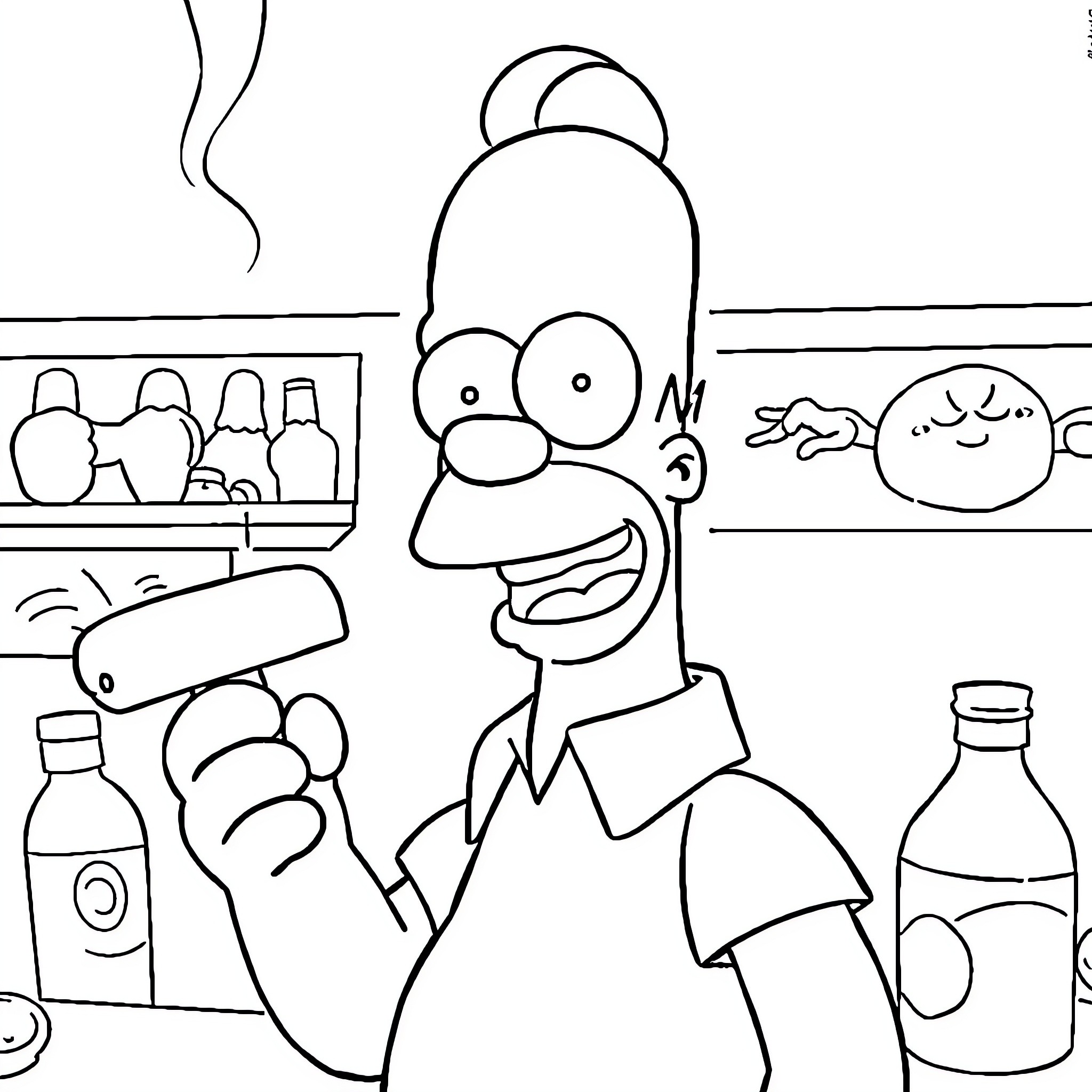 Homer Simpson's Grocery Shopping Antics Coloring Page (free black-and-white line drawing printable PDF for all, from beginners to advanced learners, including children, teens, adults, and seniors)