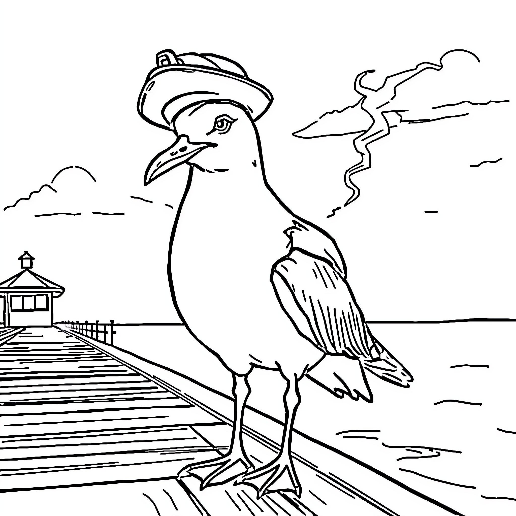 Seagull overlooking the seaside pier Coloring Page (free black-and-white line drawing printable PDF for all, from beginners to advanced learners, including children, teens, adults, and seniors)