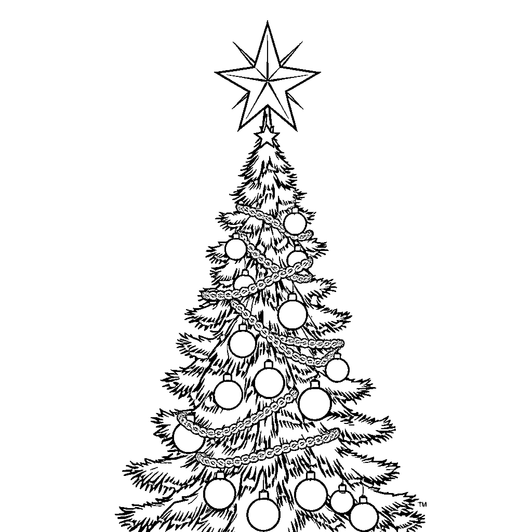 Tree decorated with ornaments and star topper Coloring Page (free black-and-white line drawing printable PDF for all, from beginners to advanced learners, including children, teens, adults, and seniors)