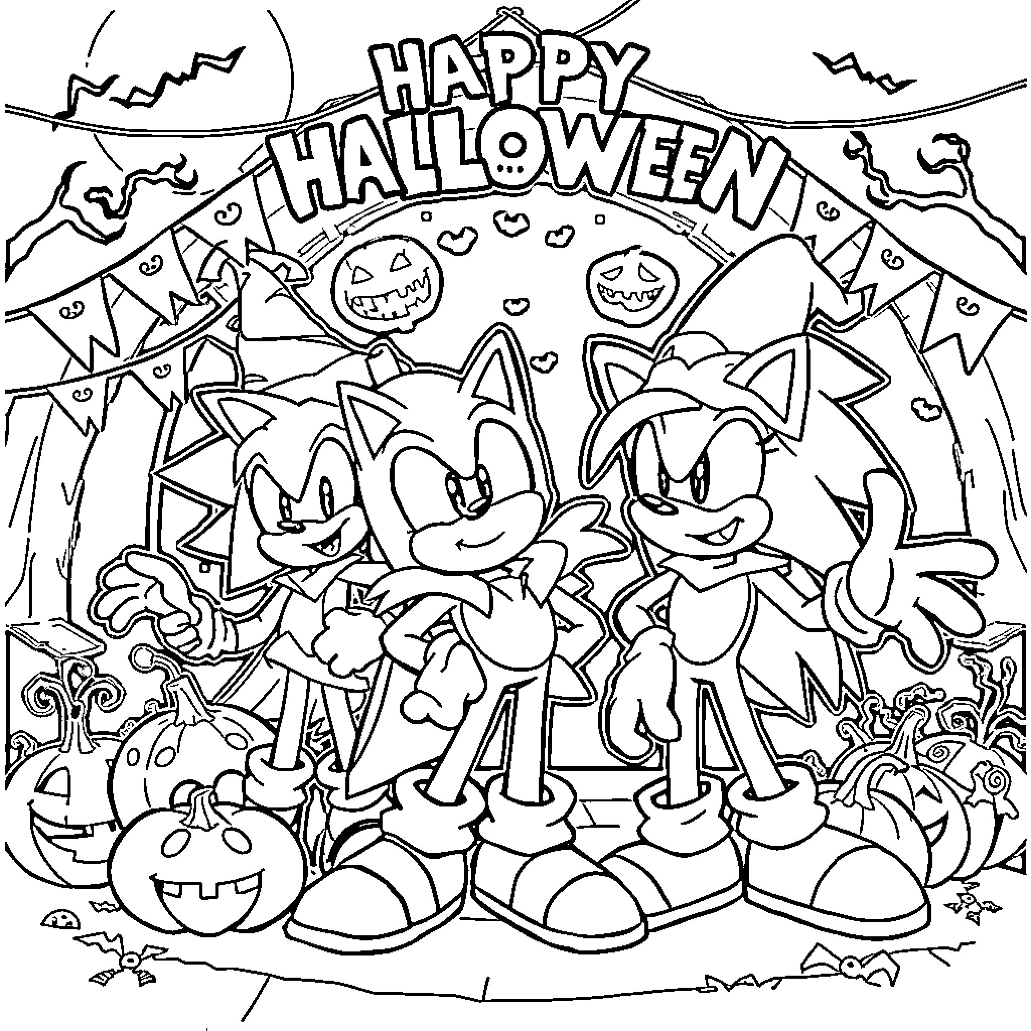 Sonic characters celebrating spooky Halloween Coloring Page (free black-and-white line drawing printable PDF for all, from beginners to advanced learners, including children, teens, adults, and seniors)