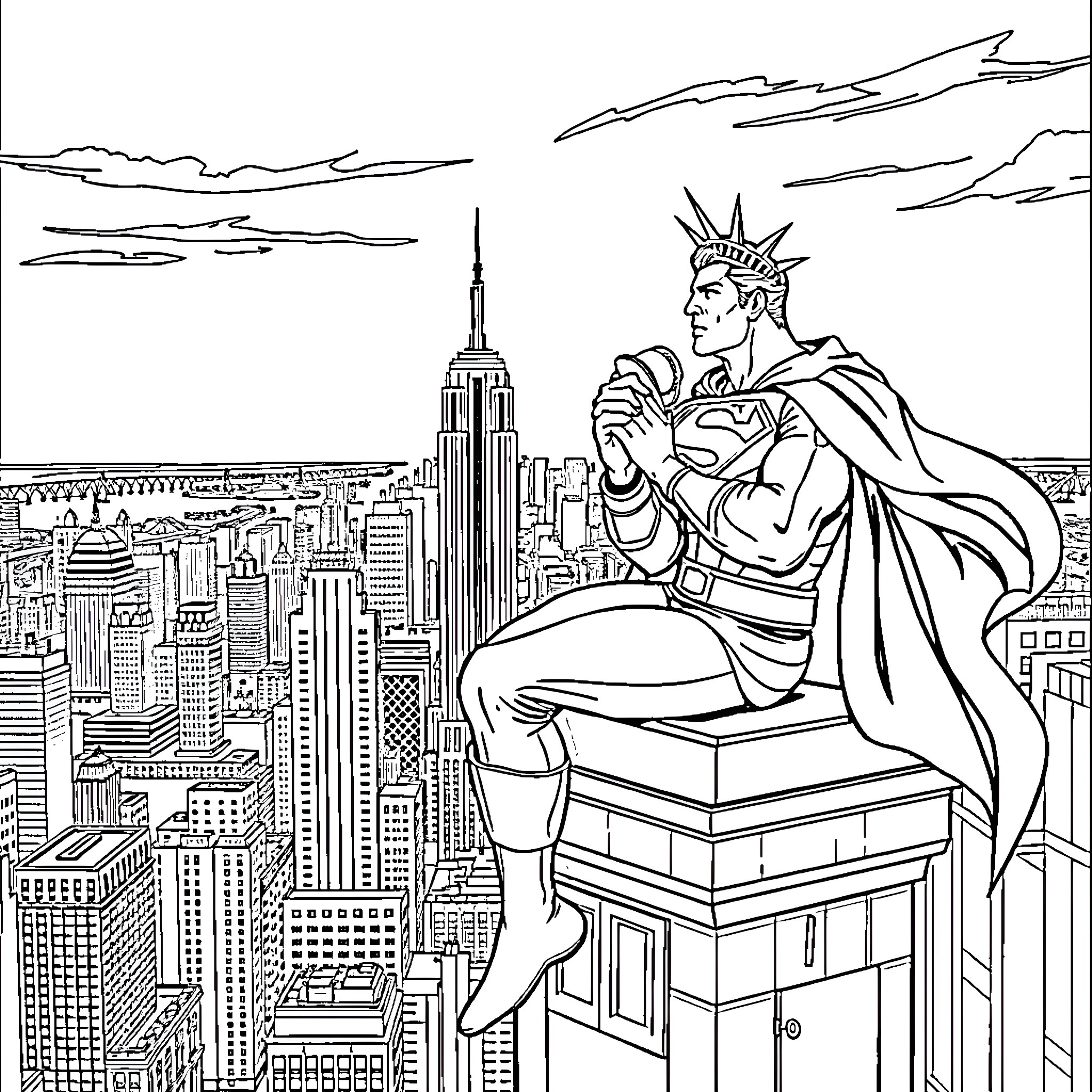 Superman overlooking the city skyline Coloring Page (free black-and-white line drawing printable PDF for all, from beginners to advanced learners, including children, teens, adults, and seniors)