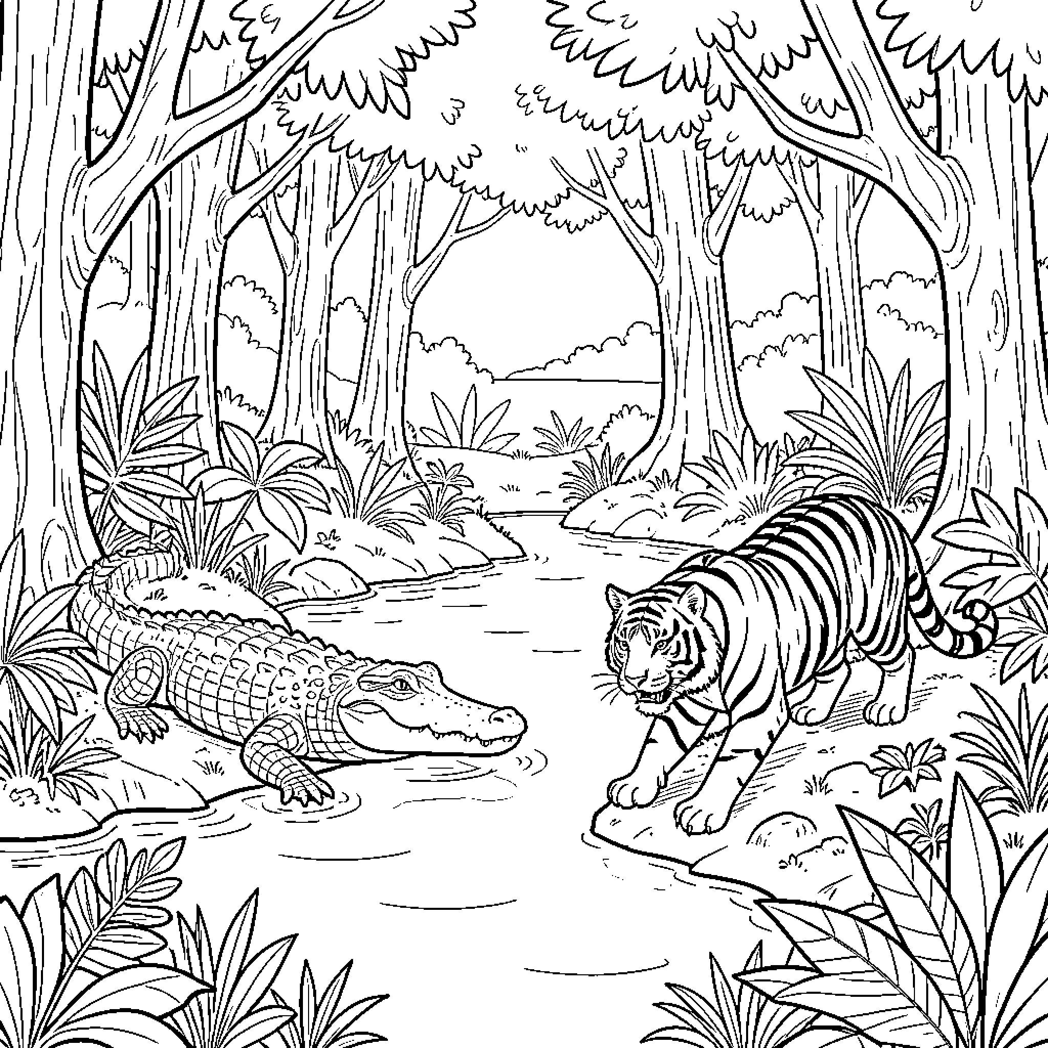 Crocodile and tiger facing each other by the river Coloring Page (free black-and-white line drawing printable PDF for all, from beginners to advanced learners, including children, teens, adults, and seniors)