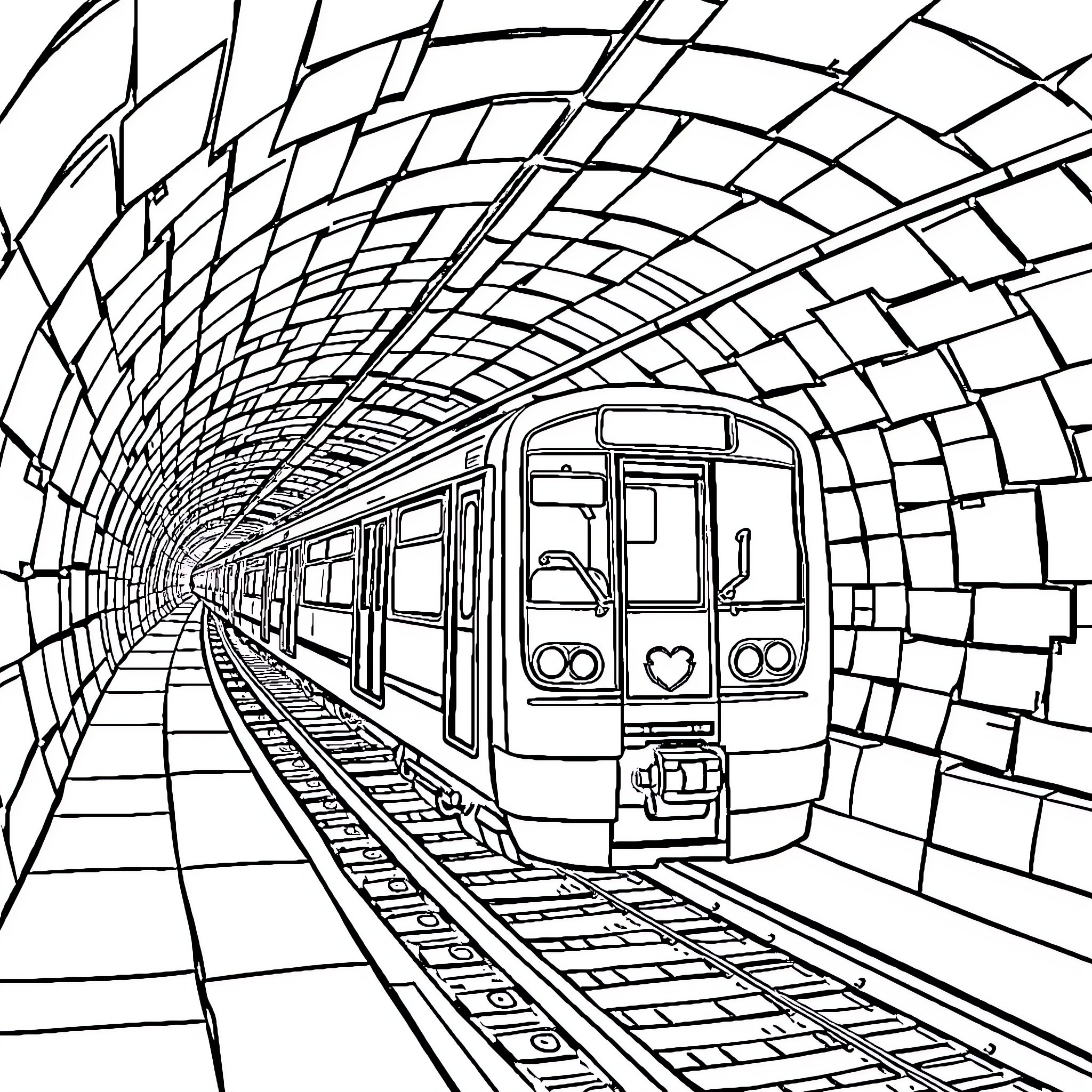 Train speeding through a futuristic tunnel Coloring Page (free black-and-white line drawing printable PDF for all, from beginners to advanced learners, including children, teens, adults, and seniors)