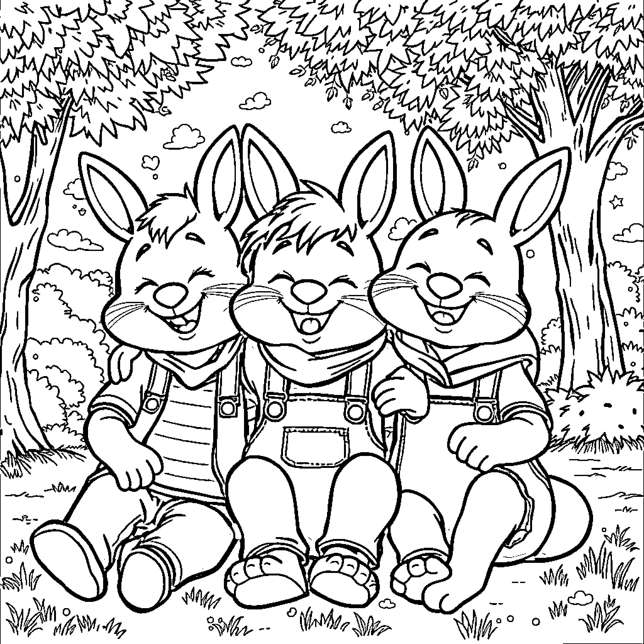 Hermanos Rabbits Enjoying the Outdoors Coloring Page (free black-and-white line drawing printable PDF for all, from beginners to advanced learners, including children, teens, adults, and seniors)