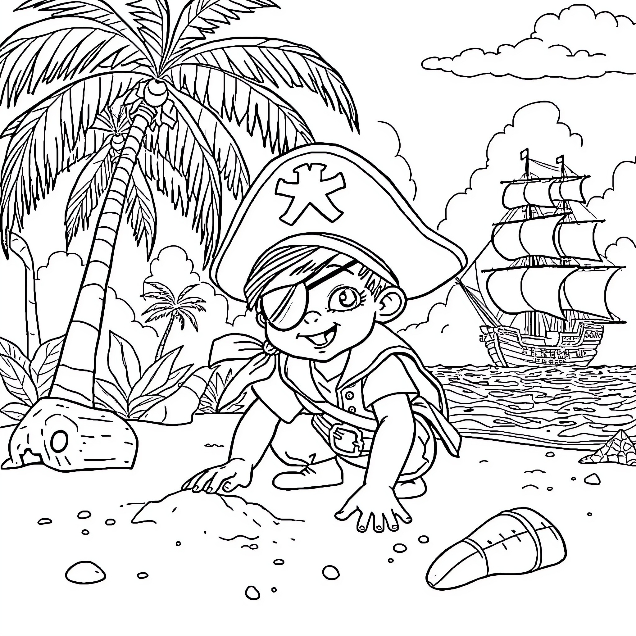 Child Pirate on Tropical Beach with Ship Coloring Page (free black-and-white line drawing printable PDF for all, from beginners to advanced learners, including children, teens, adults, and seniors)