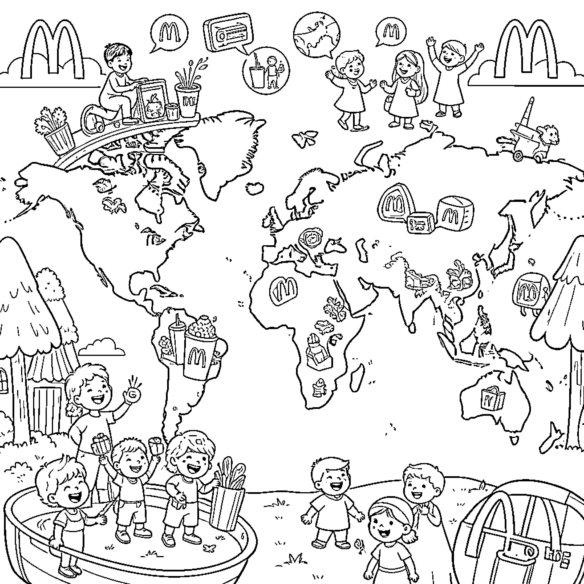McDonald's characters celebrating around a world map Coloring Page (free black-and-white line drawing printable PDF for all, from beginners to advanced learners, including children, teens, adults, and seniors)