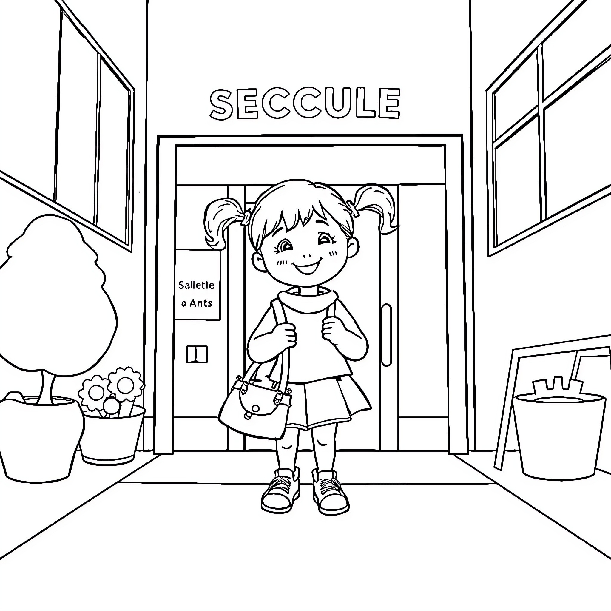Fillette joyeuse entrant dans l'école Coloring Page (free black-and-white line drawing printable PDF for all, from beginners to advanced learners, including children, teens, adults, and seniors)