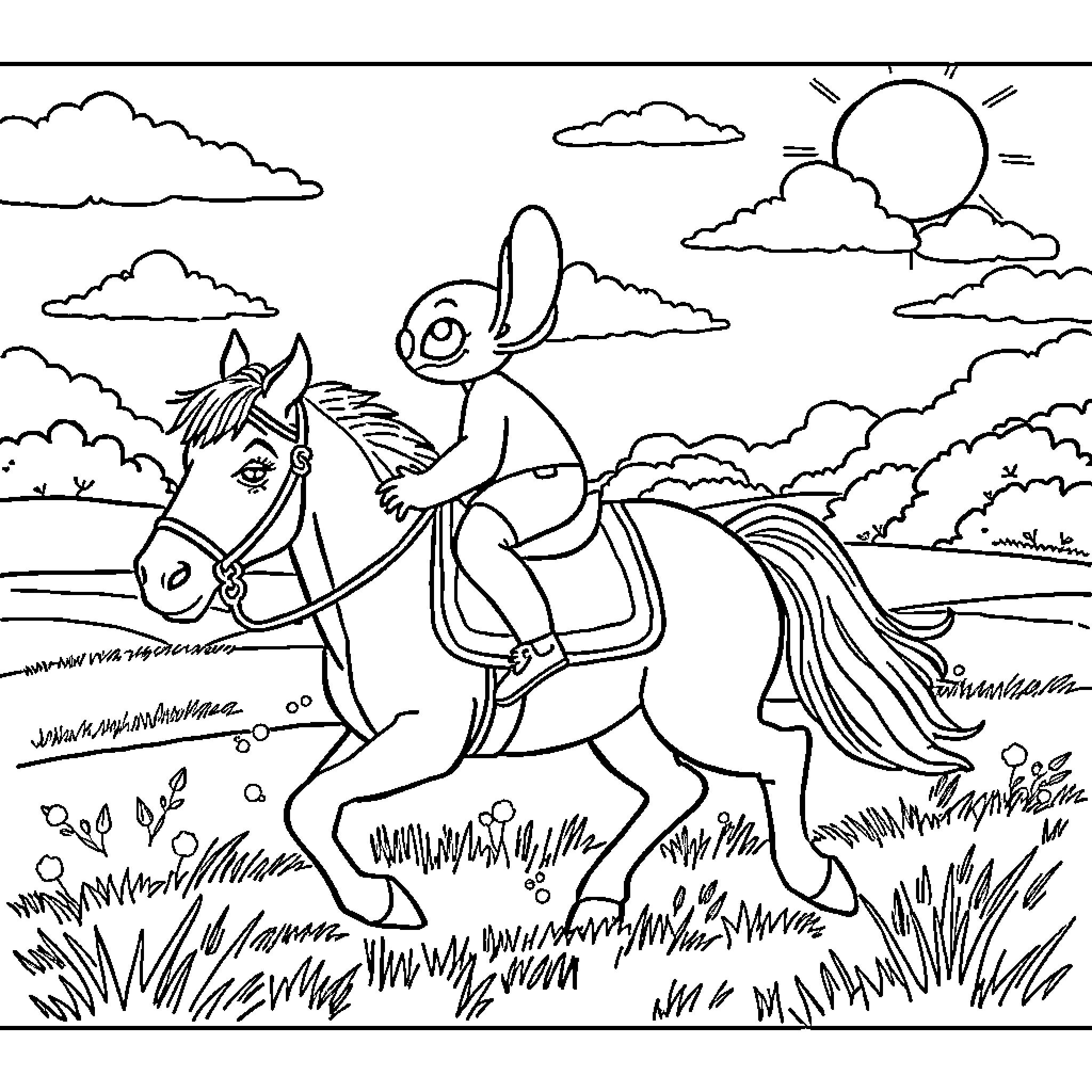 Stitch riding a horse through a scenic landscape Coloring Page (free black-and-white line drawing printable PDF for all, from beginners to advanced learners, including children, teens, adults, and seniors)