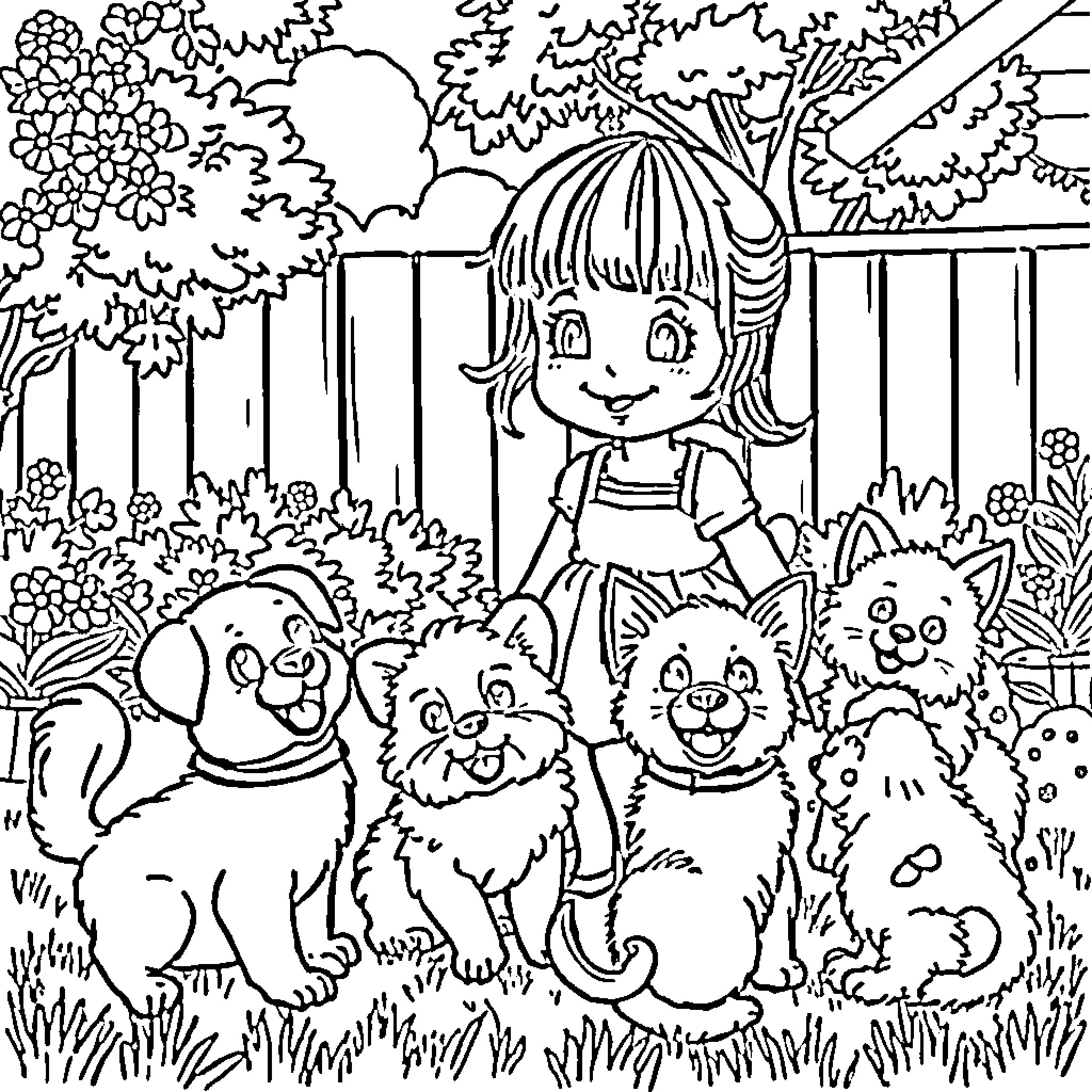 Girl playing happily with her pet dogs in the garden Coloring Page (free black-and-white line drawing printable PDF for all, from beginners to advanced learners, including children, teens, adults, and seniors)