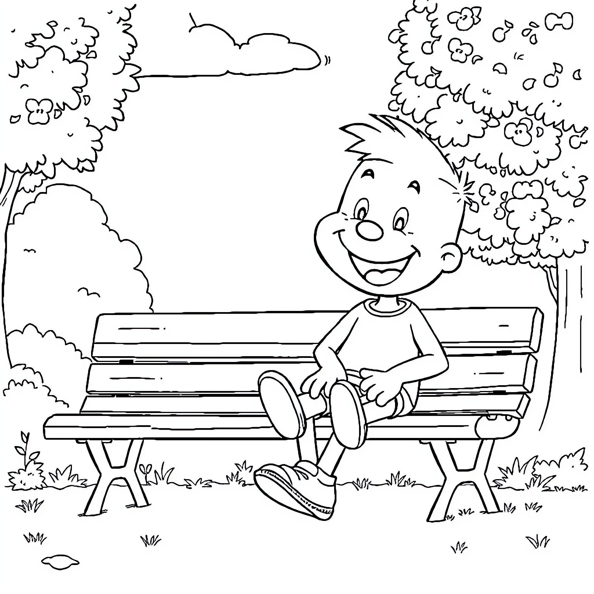 Kenny enjoying a sunny day on the park bench Coloring Page (free black-and-white line drawing printable PDF for all, from beginners to advanced learners, including children, teens, adults, and seniors)