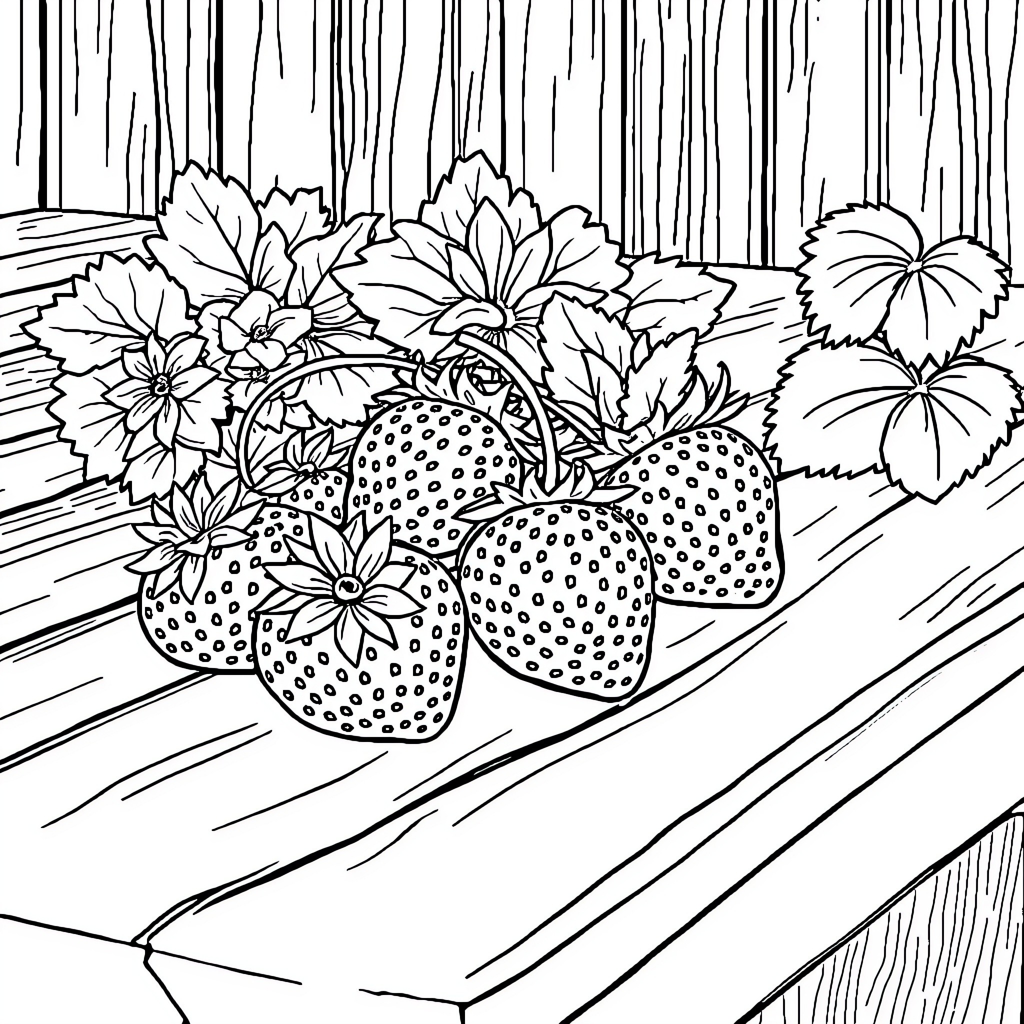 Strawberry Delight in the Woodland Wonderland Coloring Page (free black-and-white line drawing printable PDF for all, from beginners to advanced learners, including children, teens, adults, and seniors)