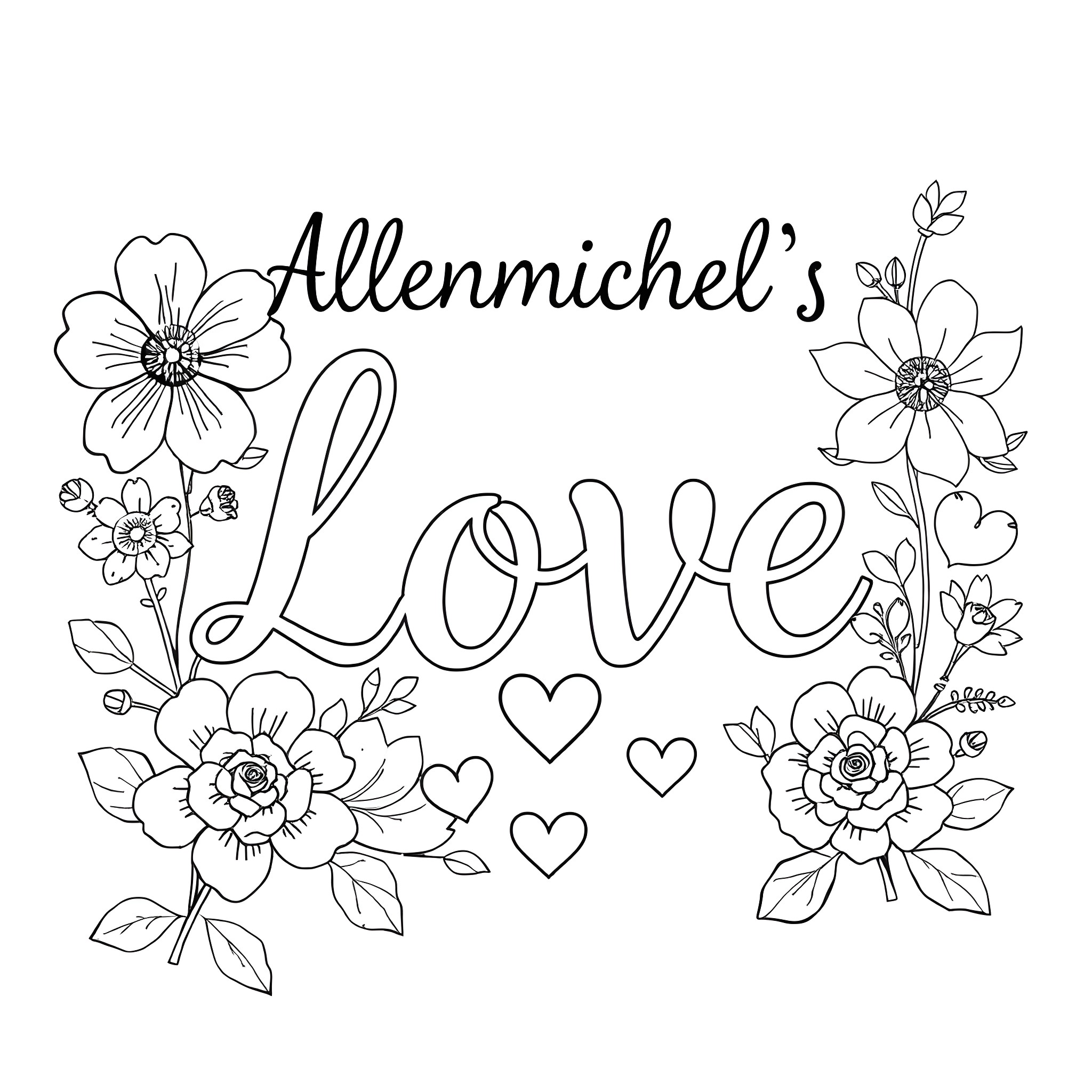Font Floral Love with Flowers Coloring Page (free black-and-white line drawing printable PDF for all, from beginners to advanced learners, including children, teens, adults, and seniors)