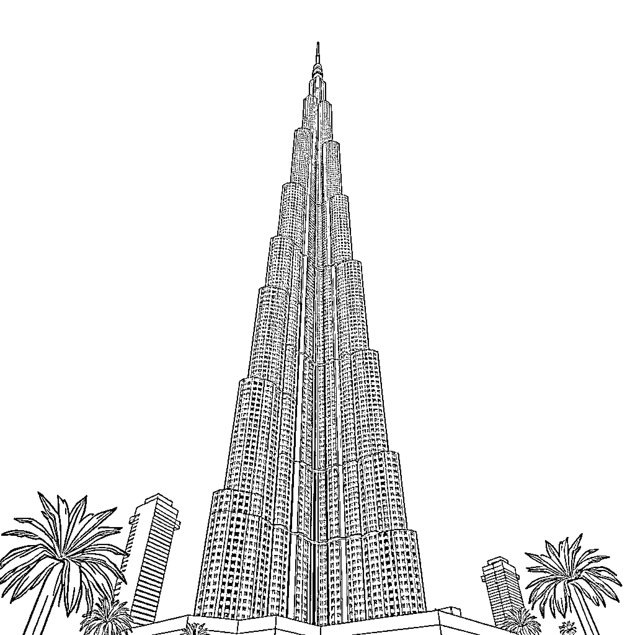 Burj Khalifa towering over modern cityscape Coloring Page (free black-and-white line drawing printable PDF for all, from beginners to advanced learners, including children, teens, adults, and seniors)