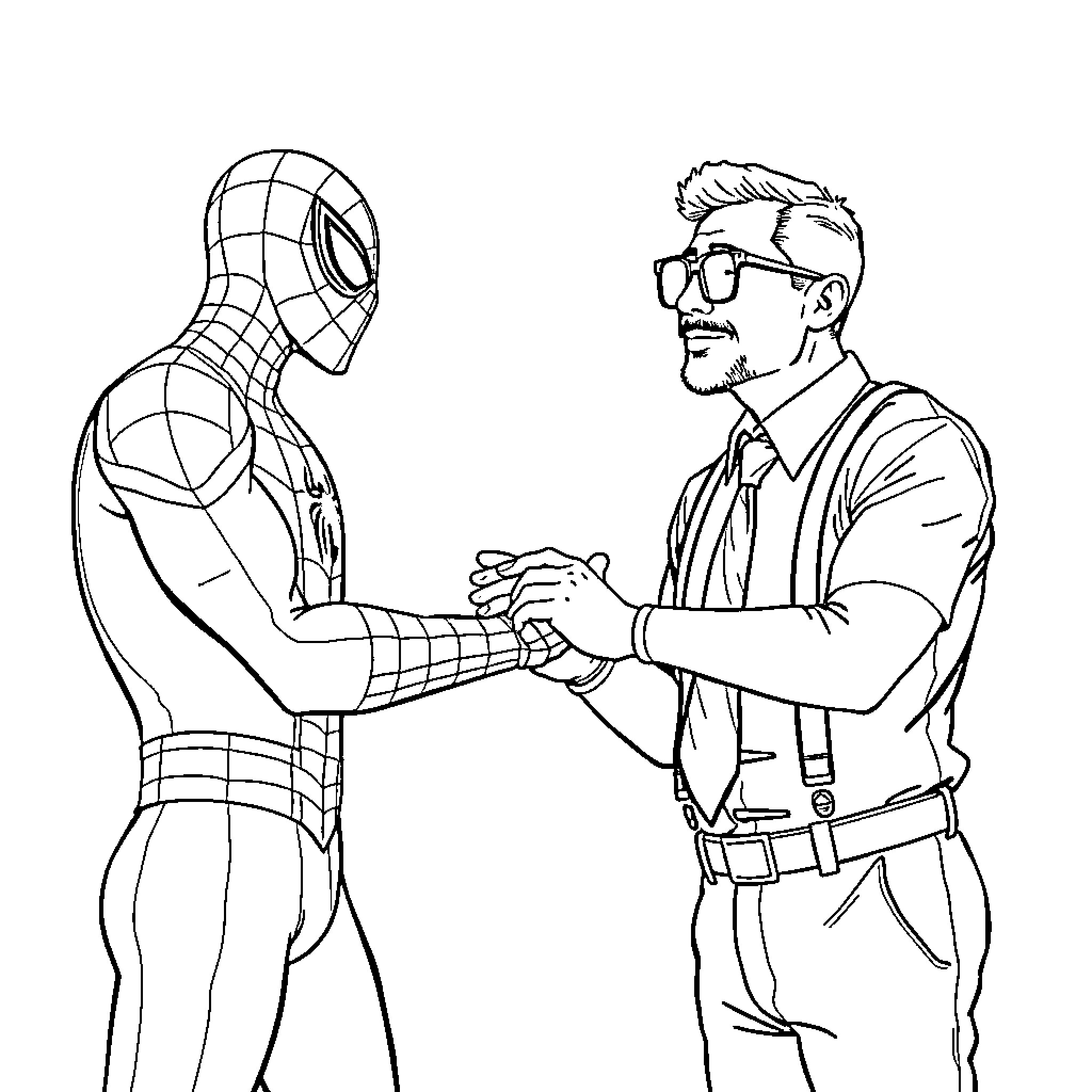 Spiderman interacting with a man in suit Coloring Page (free black-and-white line drawing printable PDF for all, from beginners to advanced learners, including children, teens, adults, and seniors)